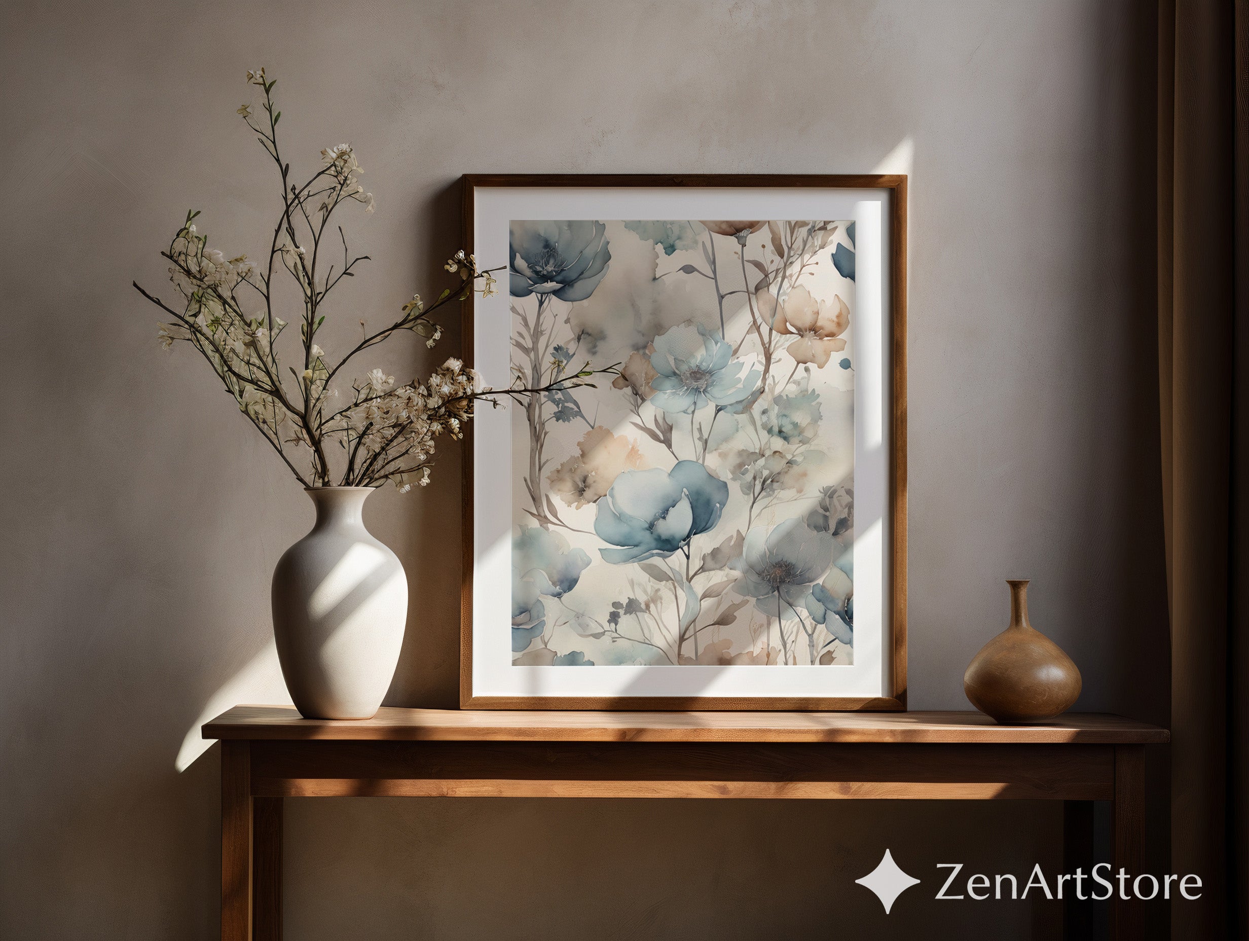 Soft Blue Watercolor Floral Wallpaper Mural - Neutral Botanical Wall Art, Modern Japandi Beige & Blue Floral Print