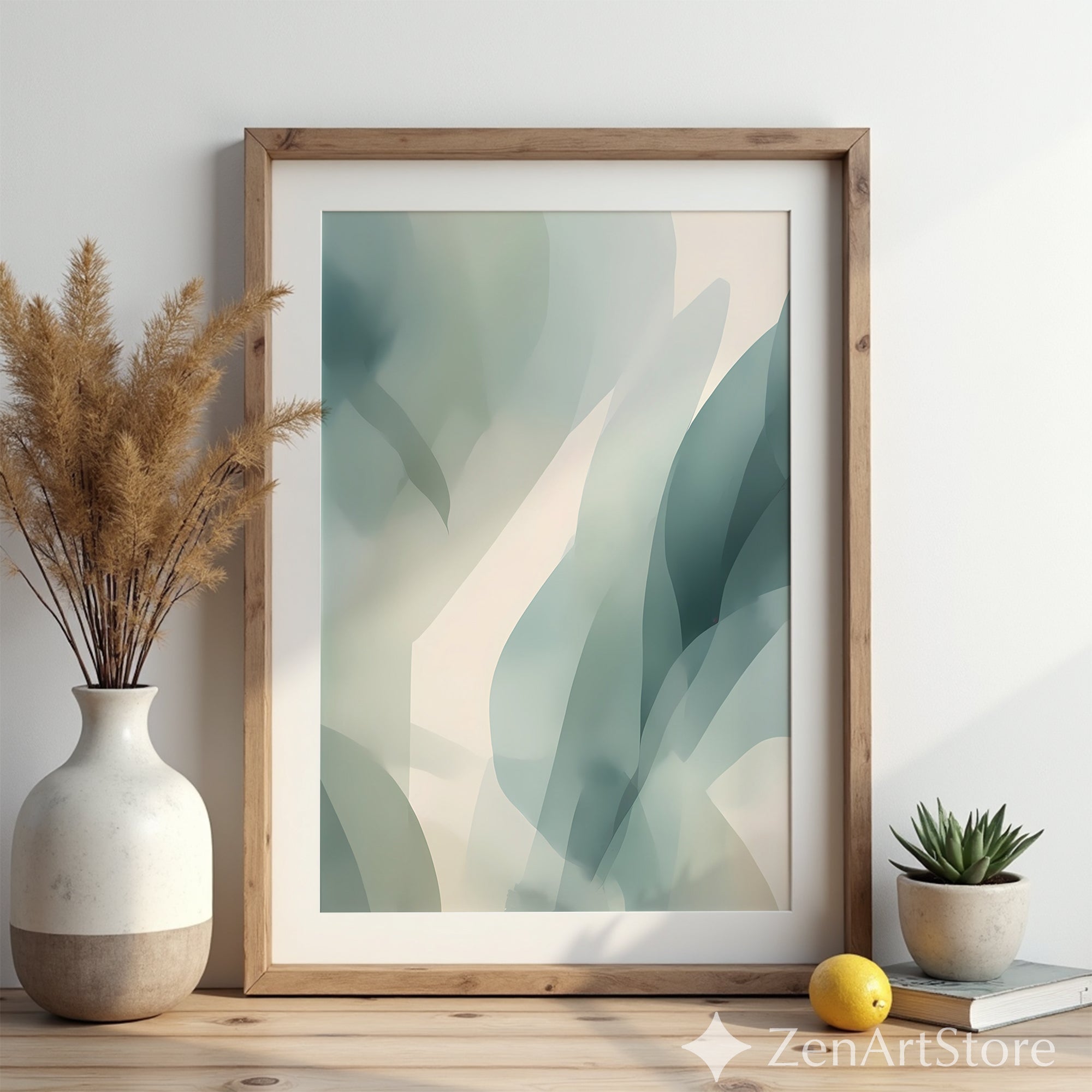 Muted Green Abstract Botanical Wall Art | Minimalist Japandi Print for Calm Neutral Home Decor, Printable & Canvas Ready