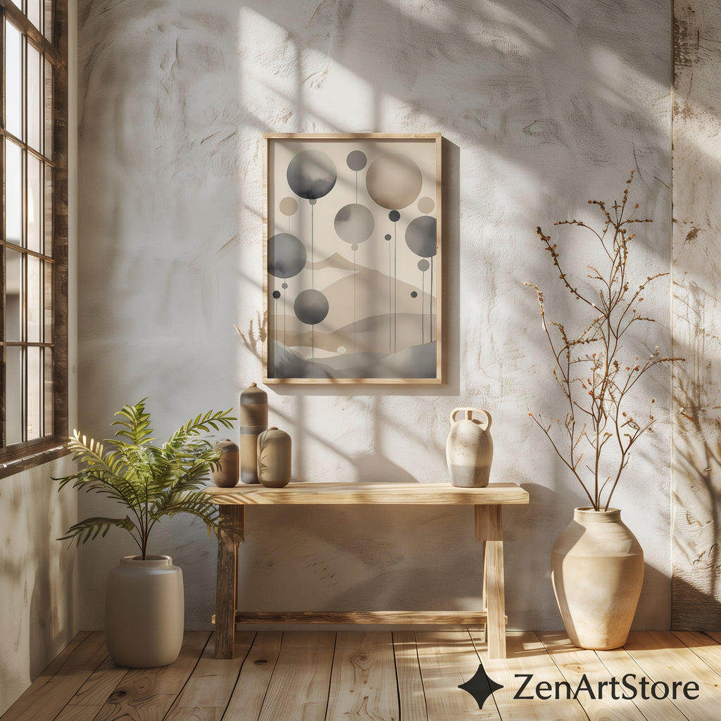 Neutral Abstract Landscape Wall Art - Minimal Japandi Zen Print in Beige & Grey, Modern Scandinavian Home Decor