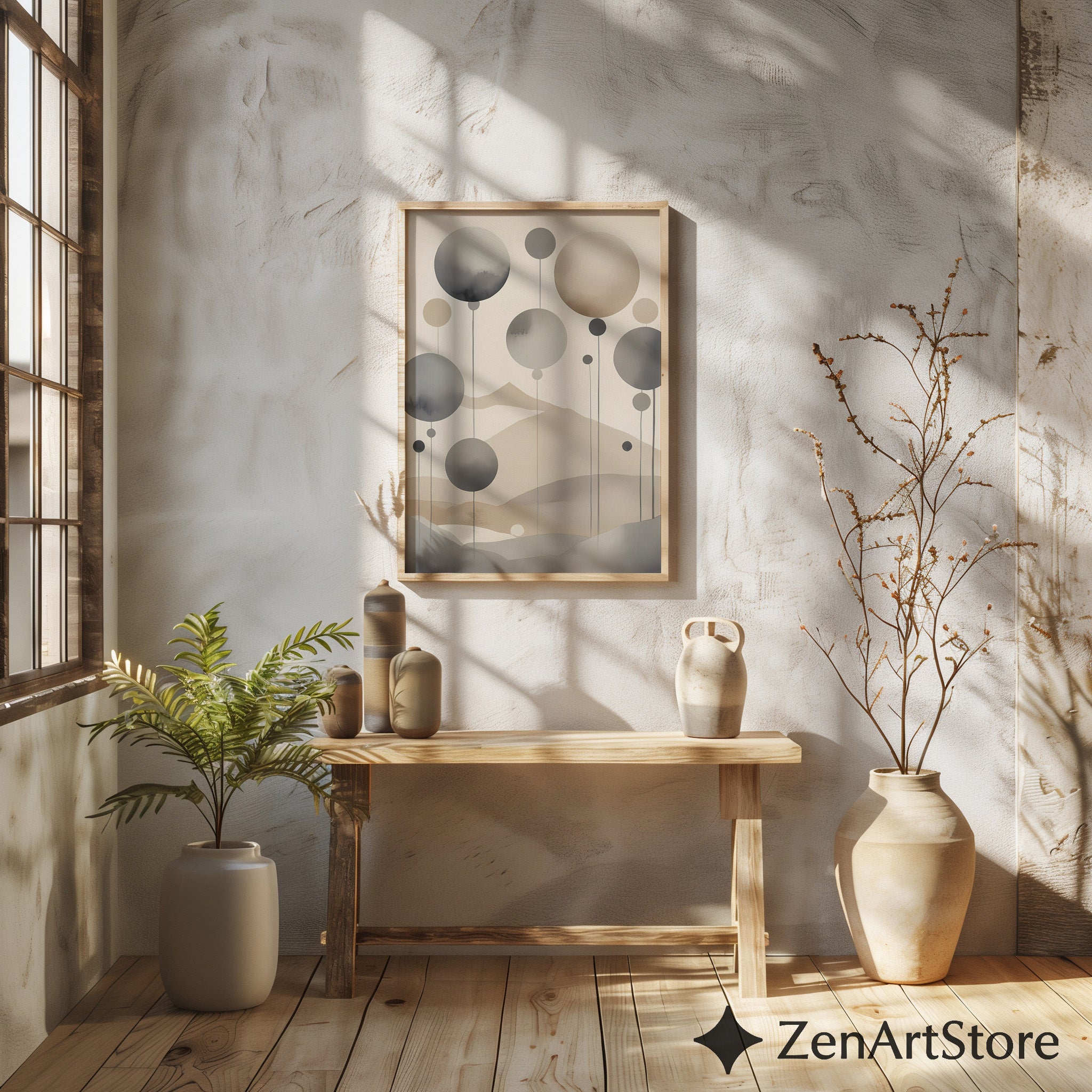 Neutral Abstract Landscape Wall Art - Minimal Japandi Zen Print in Beige & Grey, Modern Scandinavian Home Decor