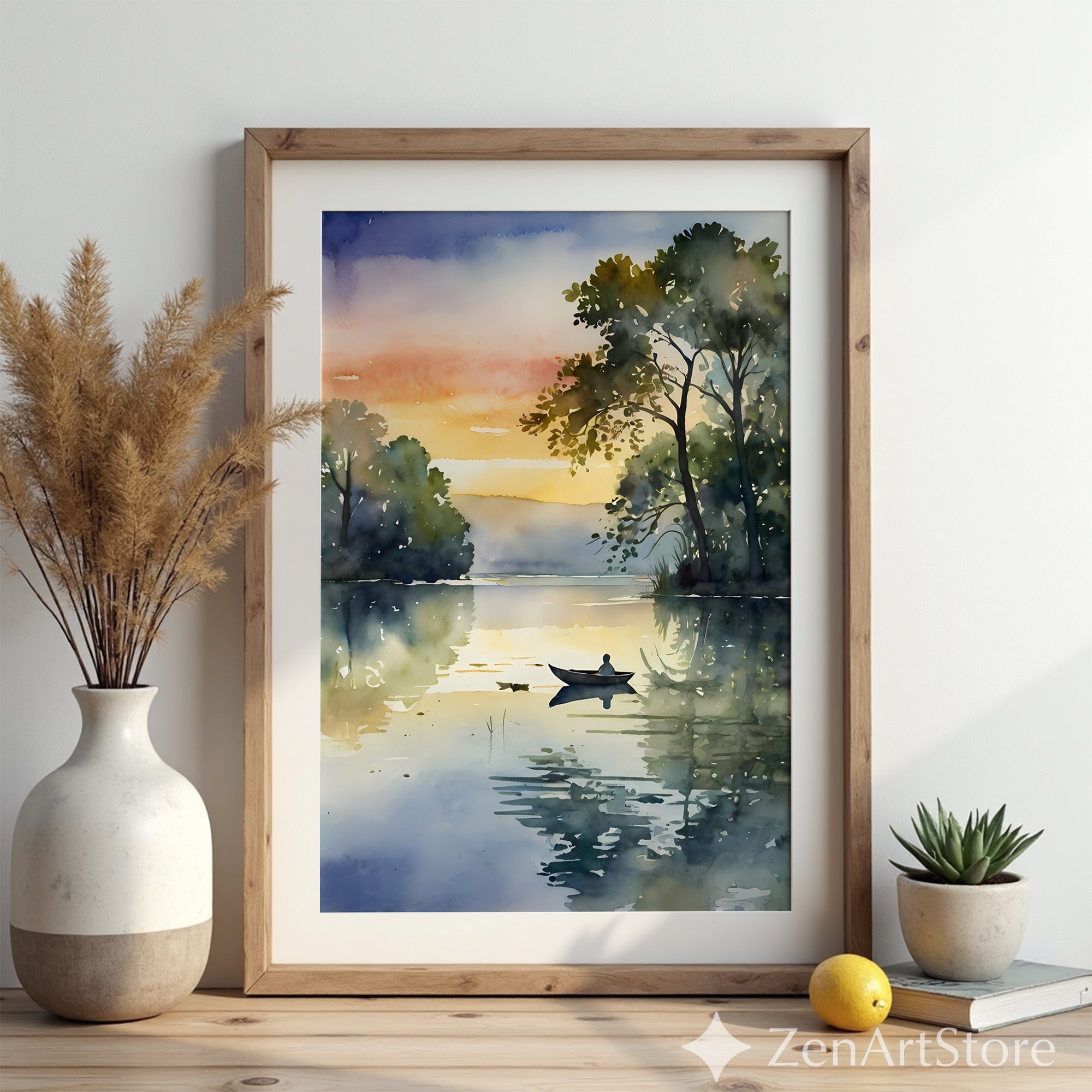 Serene Lake Sunrise Watercolor Print - Minimal Boat Landscape Wall Art for Living Room, Bedroom, Japandi Zen Decor