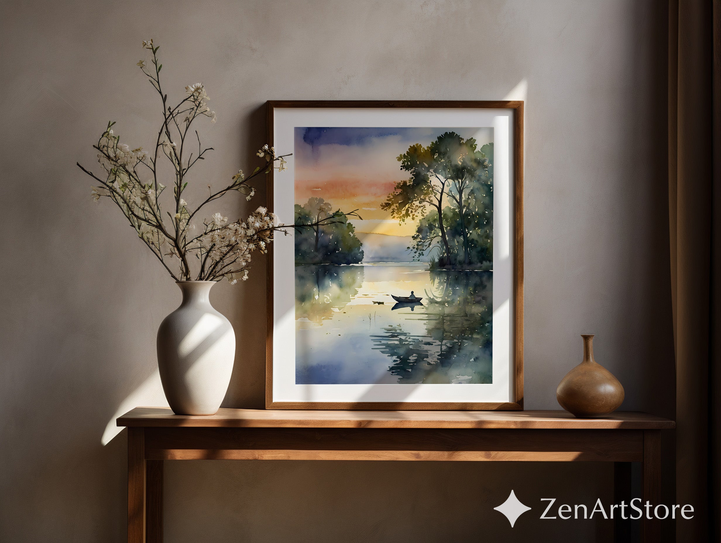 Serene Lake Sunrise Watercolor Print - Minimal Boat Landscape Wall Art for Living Room, Bedroom, Japandi Zen Decor
