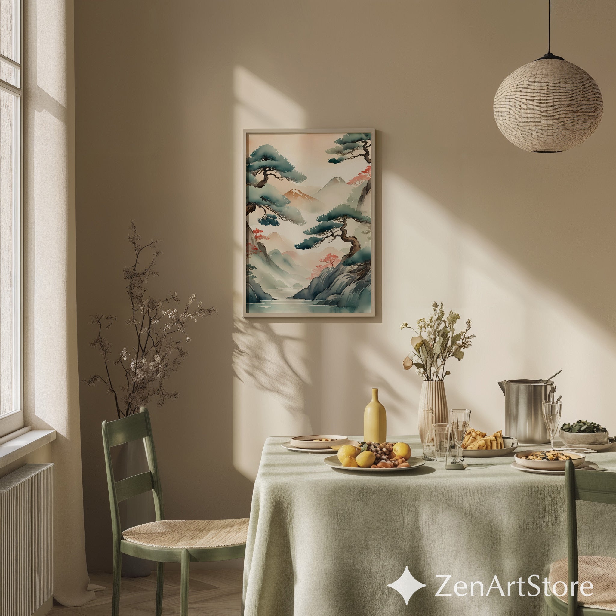 Serene Japandi Pine Landscape Wall Art - Zen Watercolor Mountain Print, Minimal Japanese Botanical Home Decor