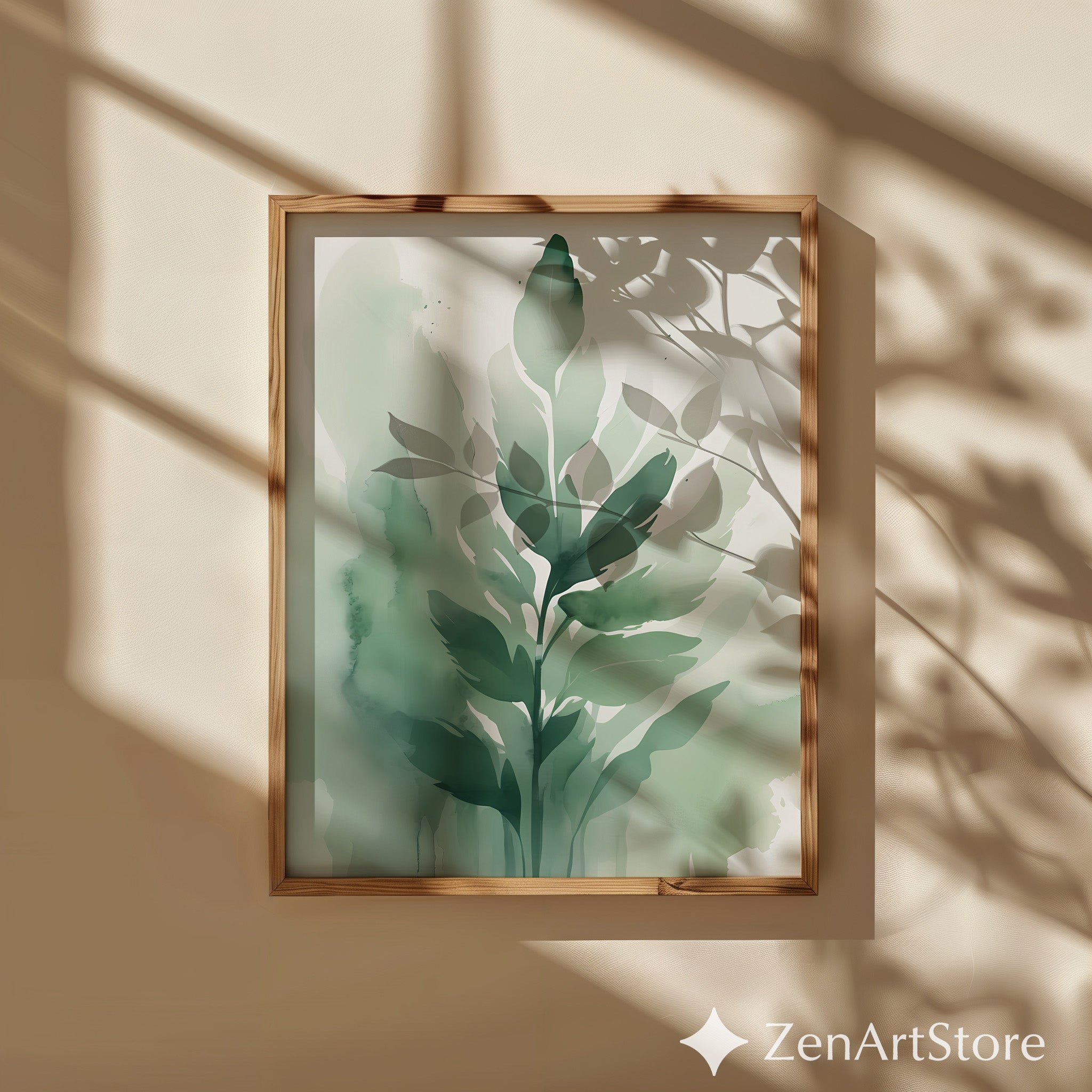 Sage Green Botanical Wall Art - Minimal Watercolor Leaf Print, Japandi Scandinavian Neutral Home Decor