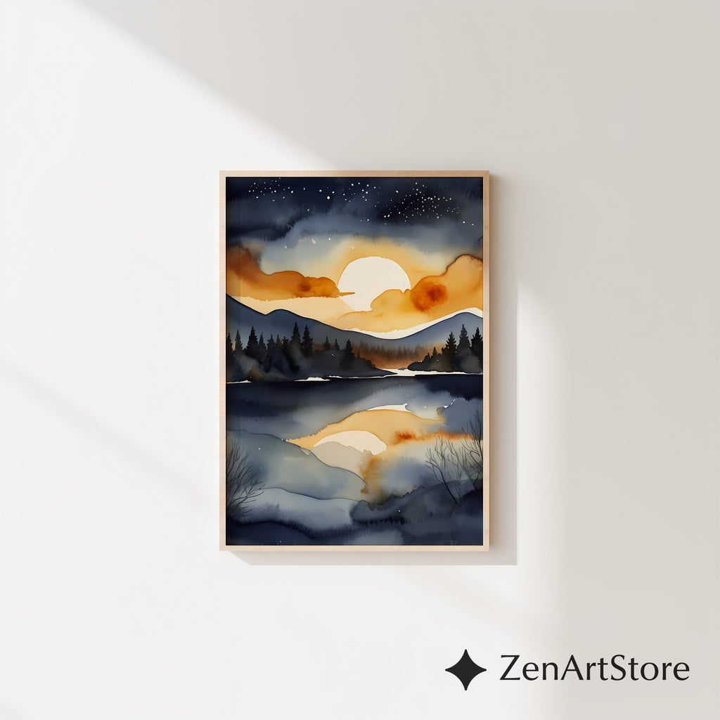 Serene Sunset Lake Watercolor Print - Moody Navy and Gold Mountain Landscape Wall Art