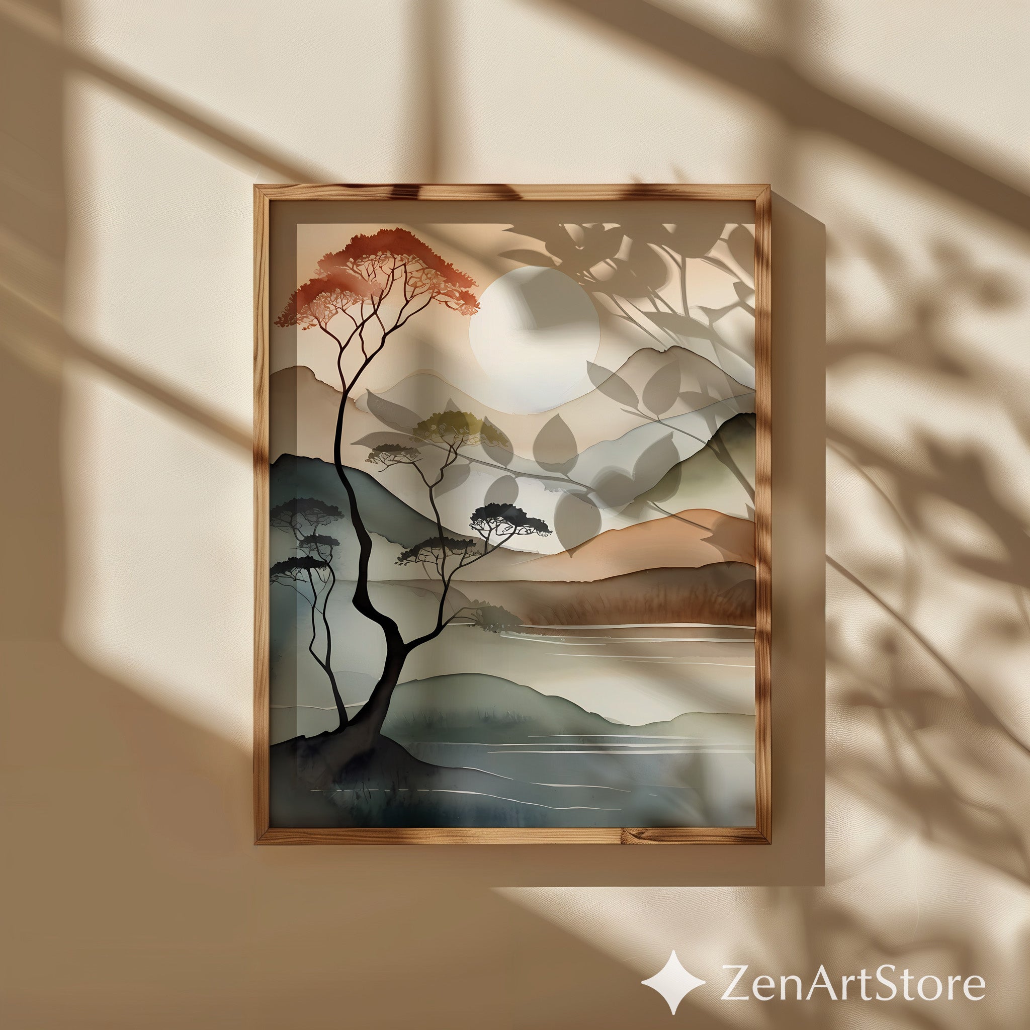Serene Minimal Mountain Landscape Print - Japandi Zen Neutral Wall Art, Beige Brown Watercolor Sun, Modern Wabi Sabi Decor