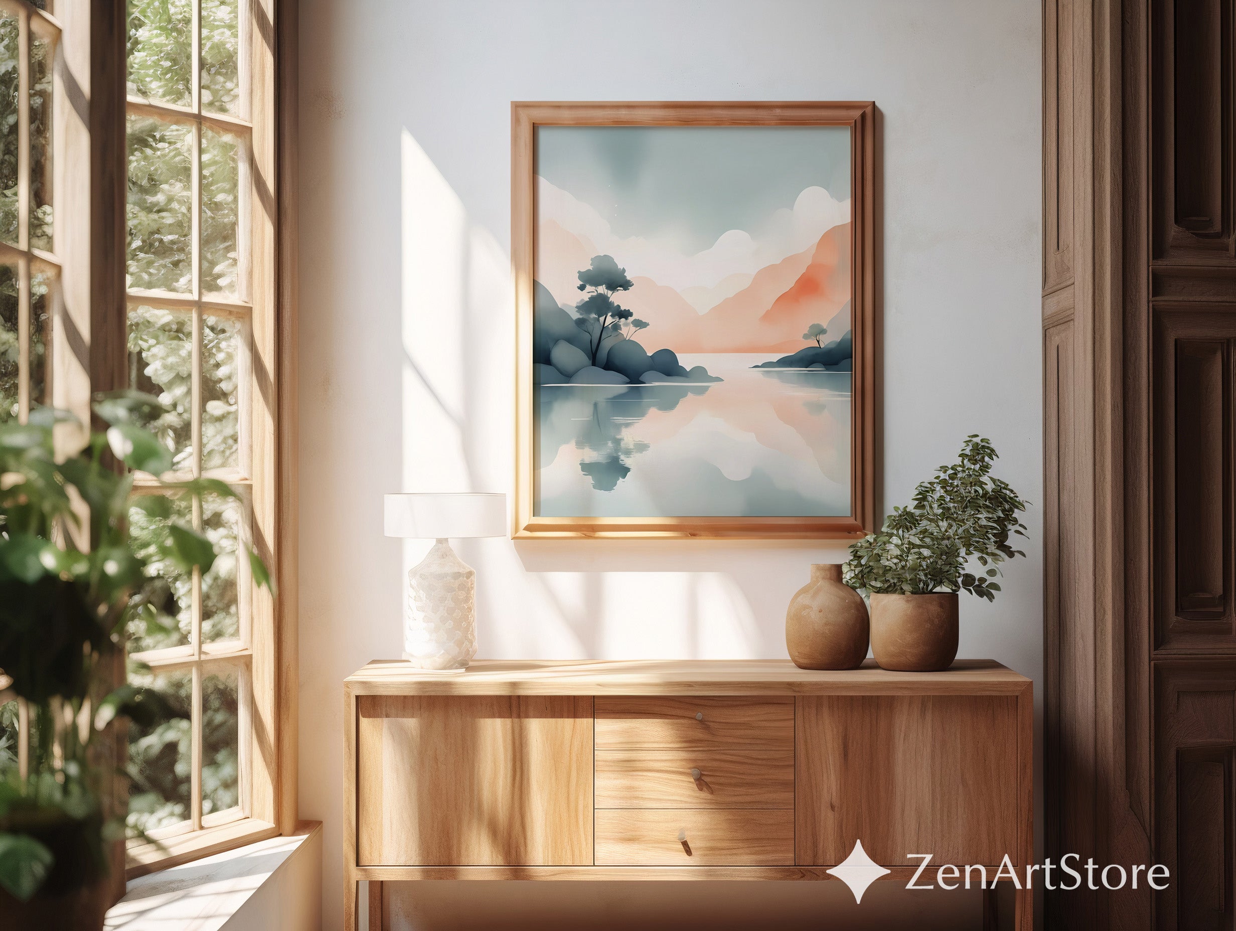Zen Japandi Pastel Landscape Print - Minimal Mountain Lake Wall Art, Calm Abstract Reflection, Neutral Home Decor Printable