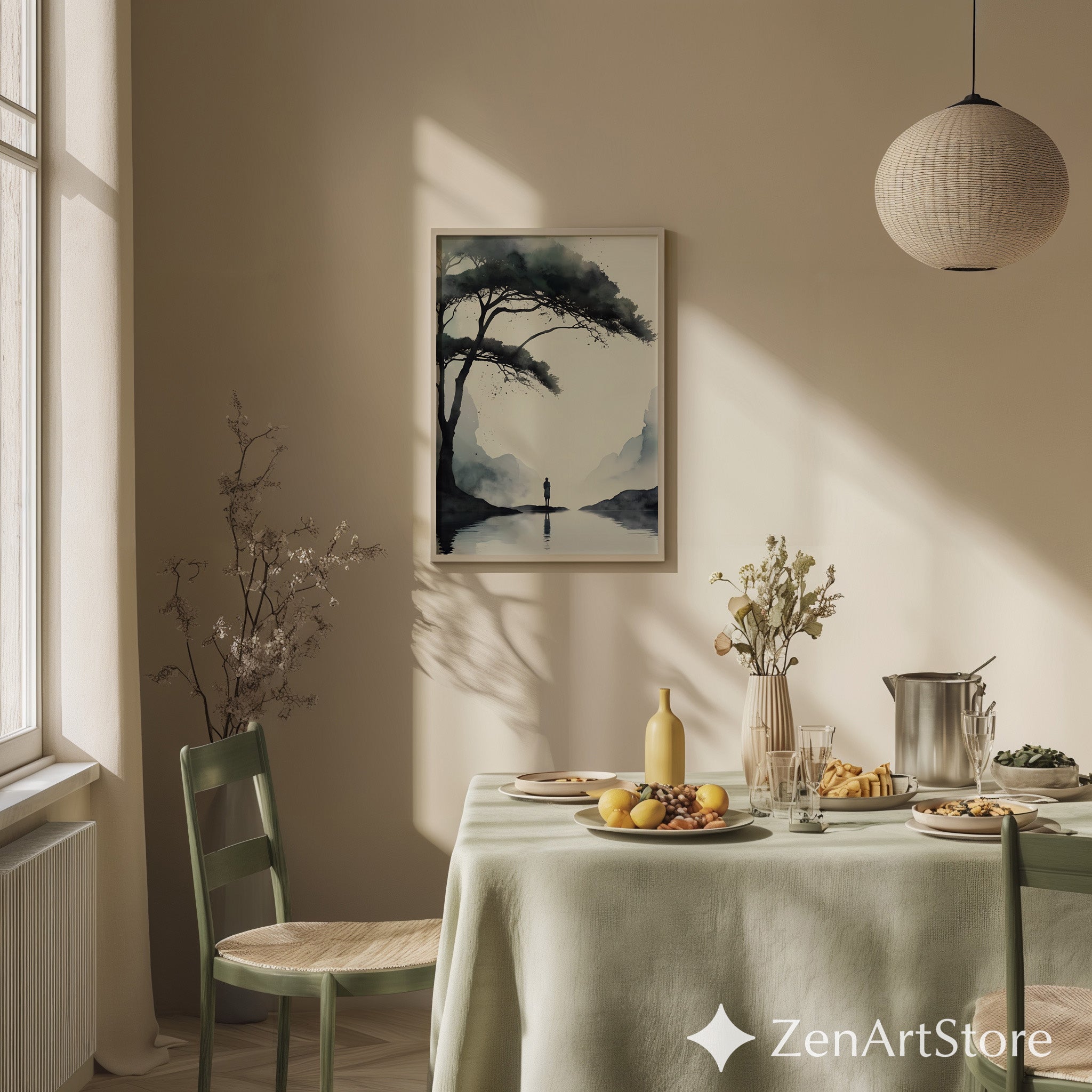 Misty Sumi-e Landscape Print - Zen Minimalist Tree & Solitary Figure Japandi Neutral Wall Art