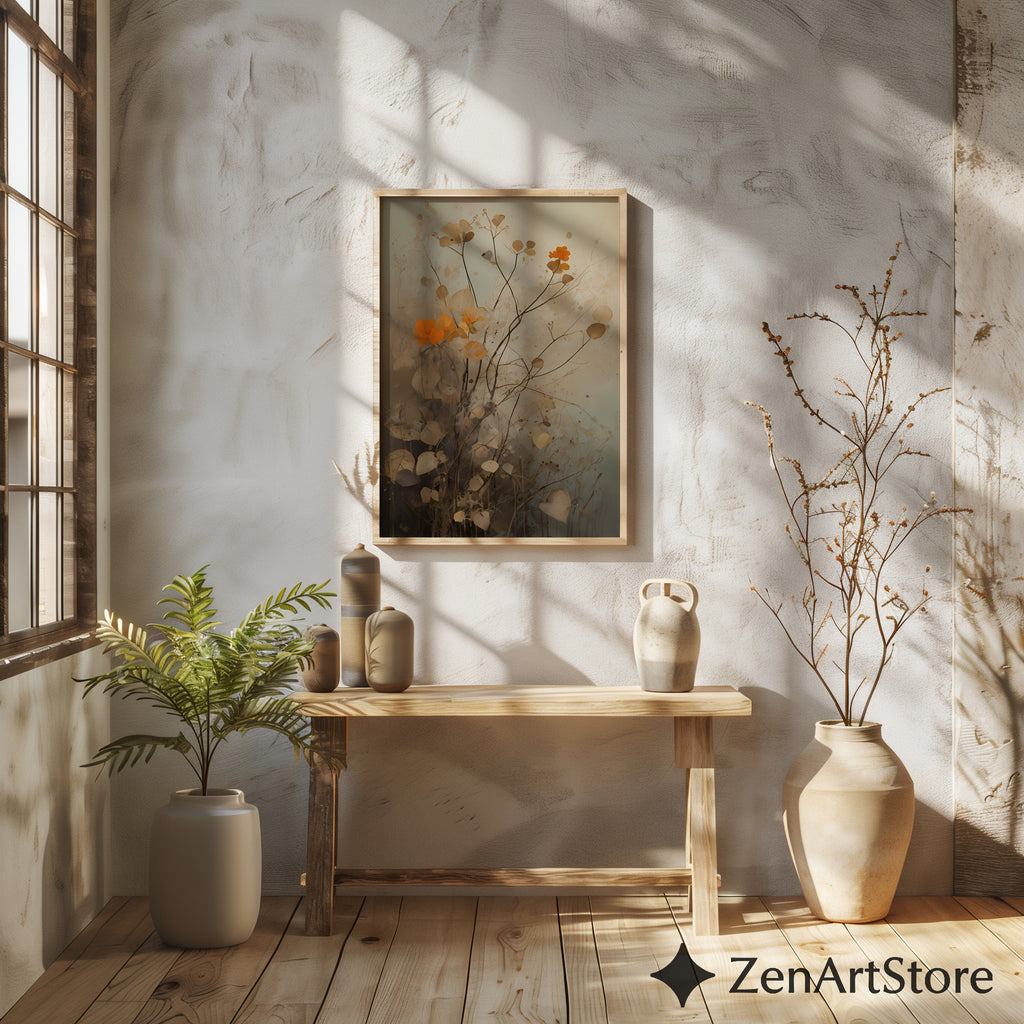 Neutral Botanical Wall Art with Orange Accent – Minimal Abstract Floral Print for Japandi, Wabi Sabi & Scandinavian Home Decor