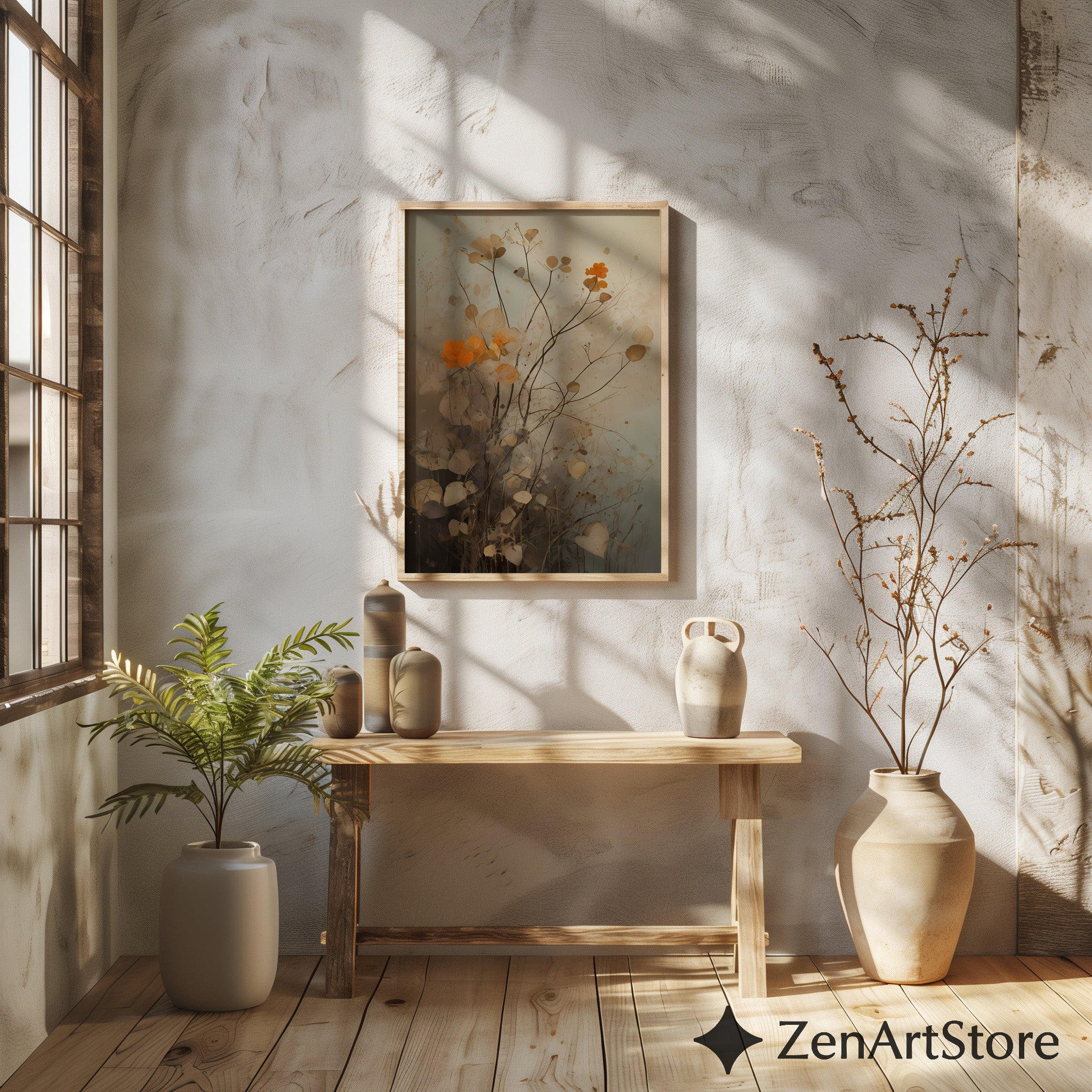 Neutral Botanical Wall Art with Orange Accent – Minimal Abstract Floral Print for Japandi, Wabi Sabi & Scandinavian Home Decor