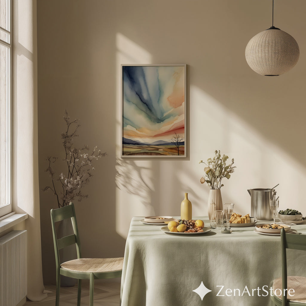 Abstract Zen Landscape Watercolor Print - Minimal Japandi Wall Art, Neutral Sky & Hills for Living Room