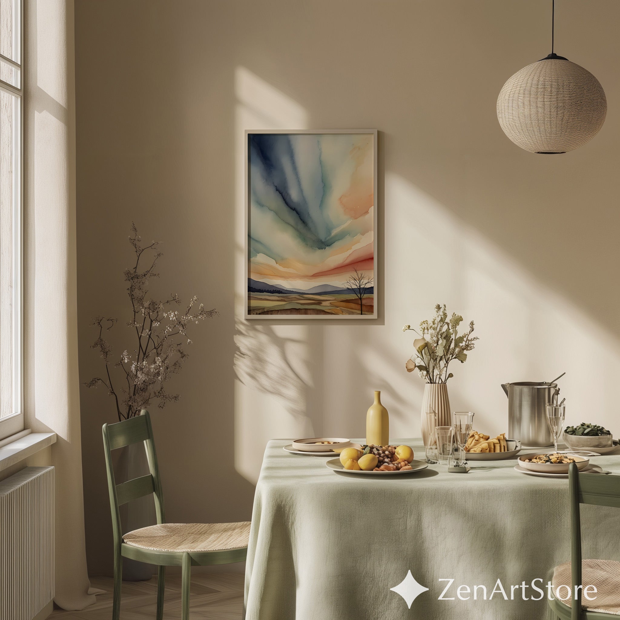 Abstract Zen Landscape Watercolor Print - Minimal Japandi Wall Art, Neutral Sky & Hills for Living Room