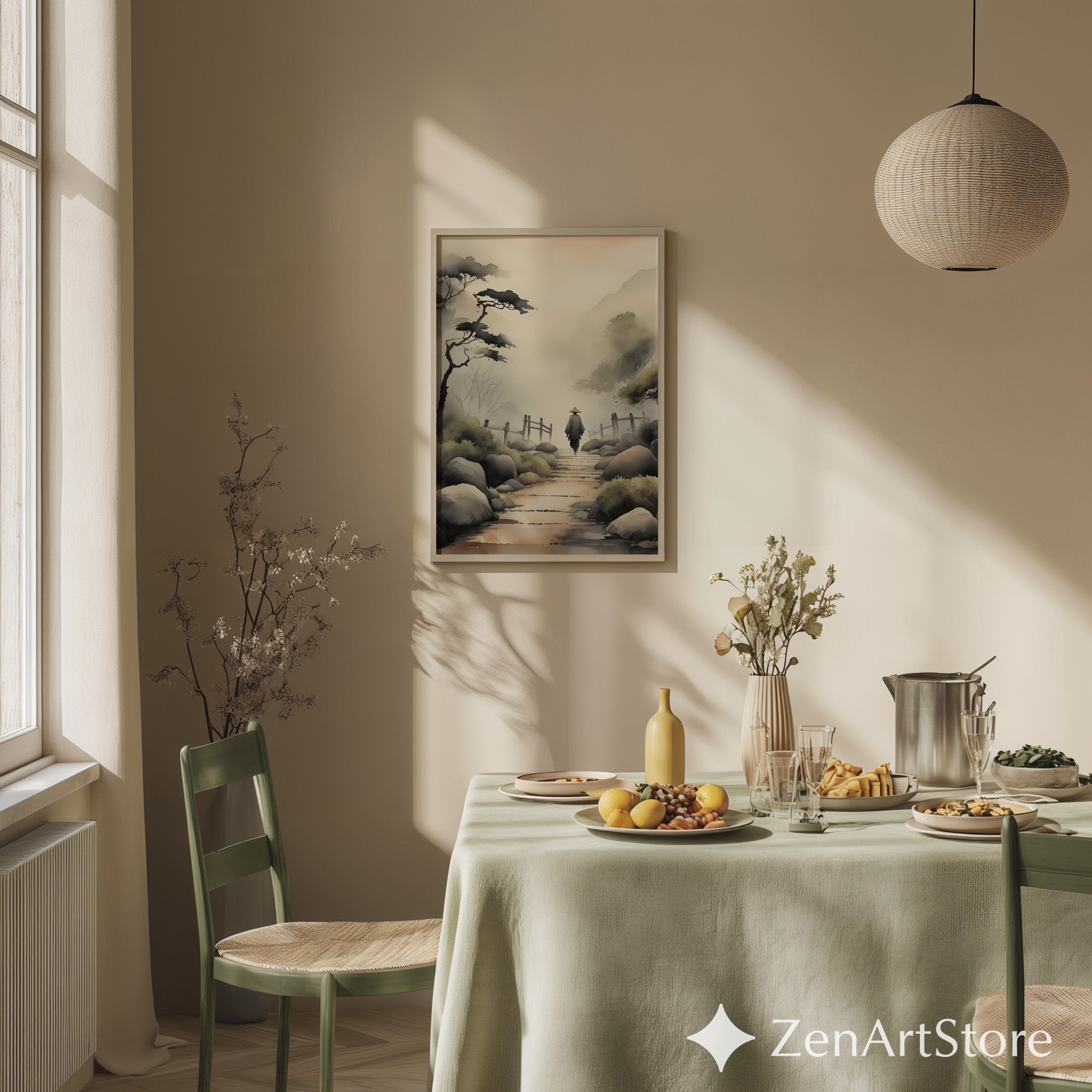 Misty Japanese Pathway Zen Landscape Print - Minimal Japandi Wall Art, Neutral Sumi-e Home Decor