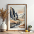 Neutral Abstract Landscape Art Print — Japandi Minimalist Mountain Wall Art, Beige & Slate Home Decor