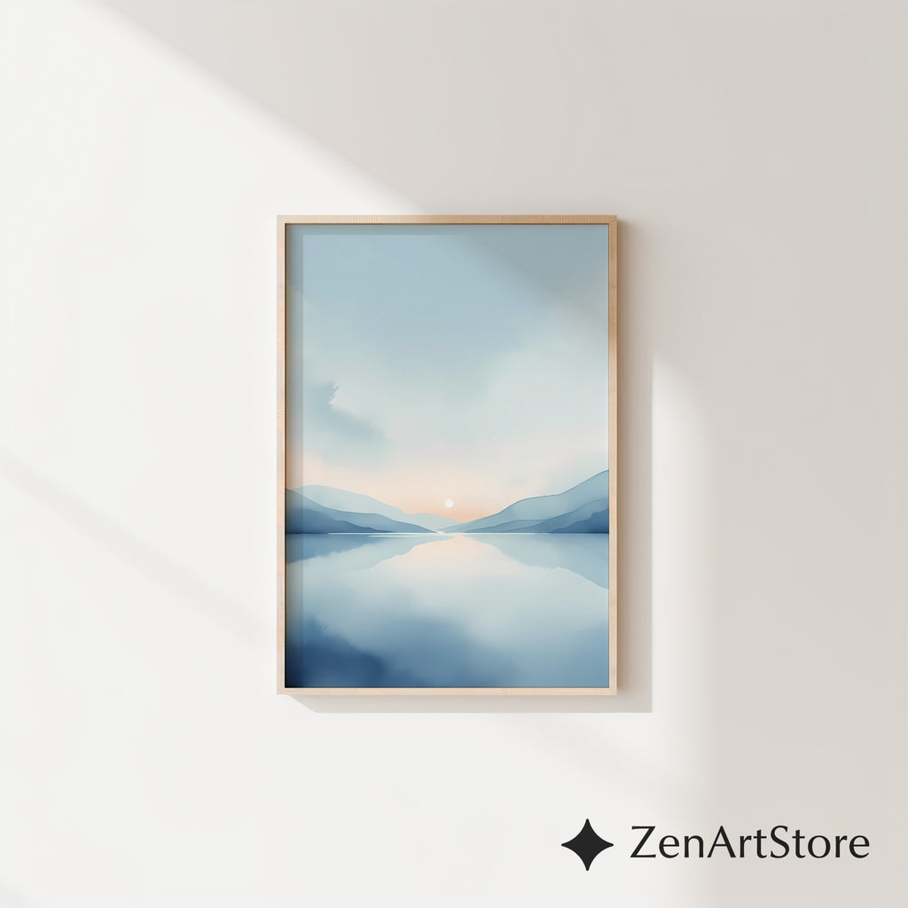 Minimal Blue Landscape Wall Art Calm Sunrise Lake Print - Japandi Scandinavian Abstract Printable & Framed Home Decor