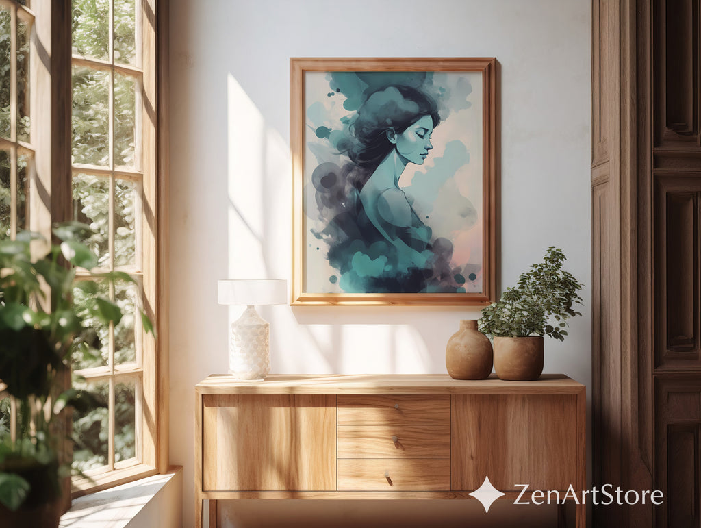 Dreamy Teal Woman Abstract Portrait Art Print - Calm Minimal Wall Art for Bedroom, Living Room, Japandi & Scandinavian Decor