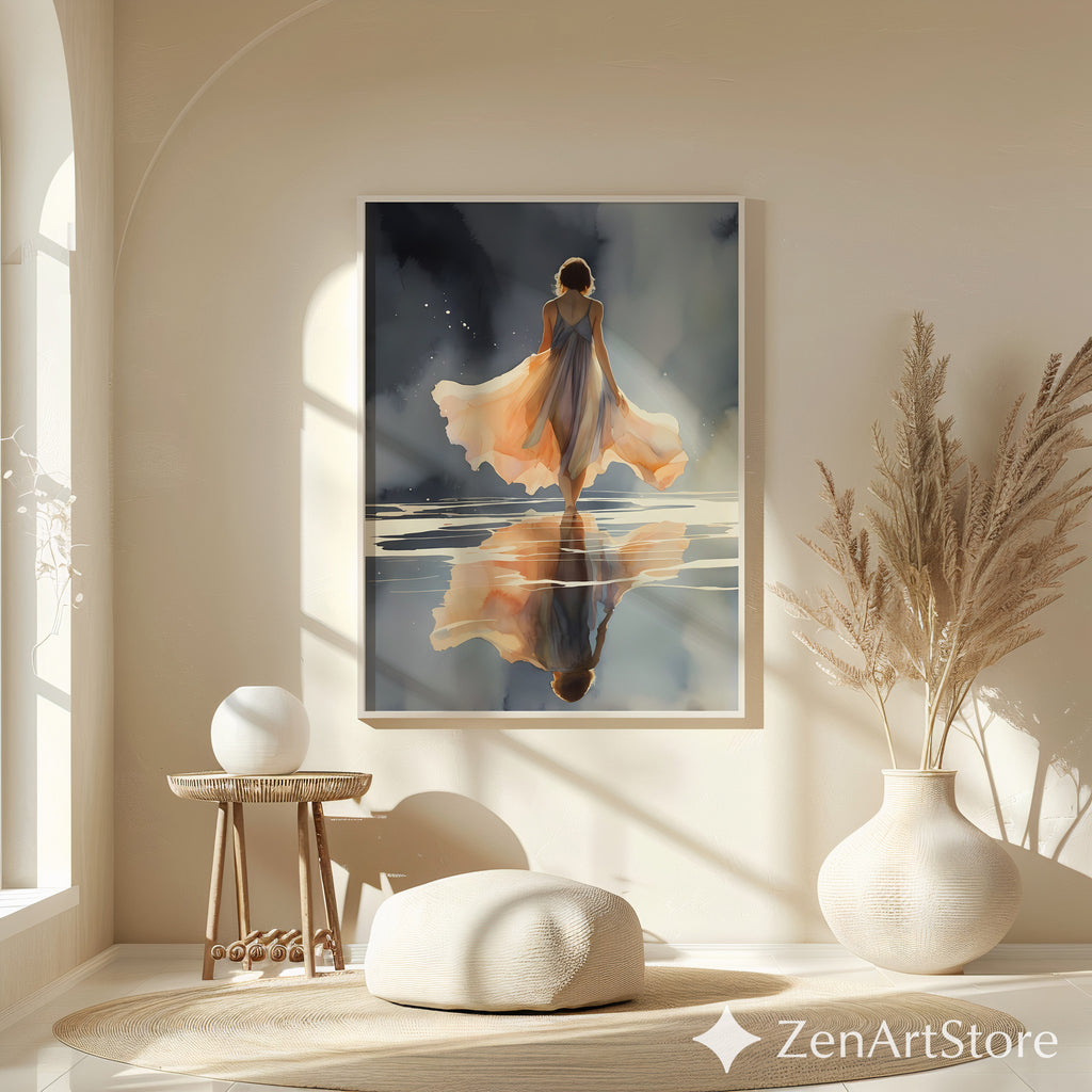 Ethereal Woman Walking on Water Art Print - Peach Reflection Minimal Zen Wall Art for Bedroom & Living Room