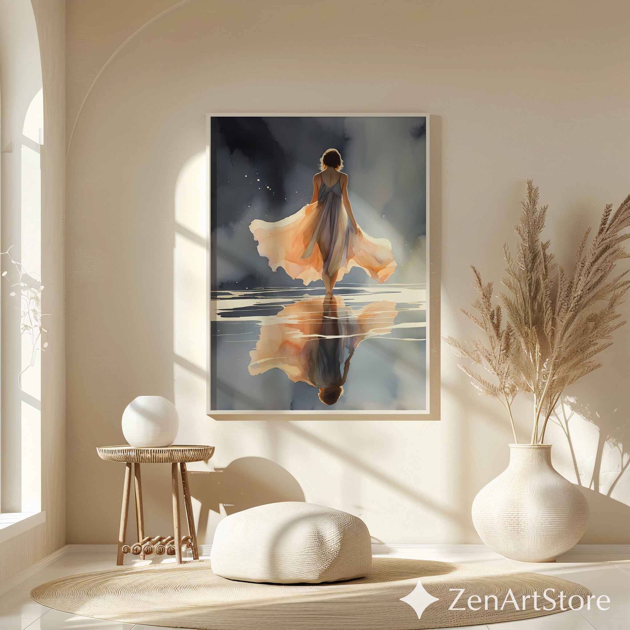 Ethereal Woman Walking on Water Art Print - Peach Reflection Minimal Zen Wall Art for Bedroom & Living Room