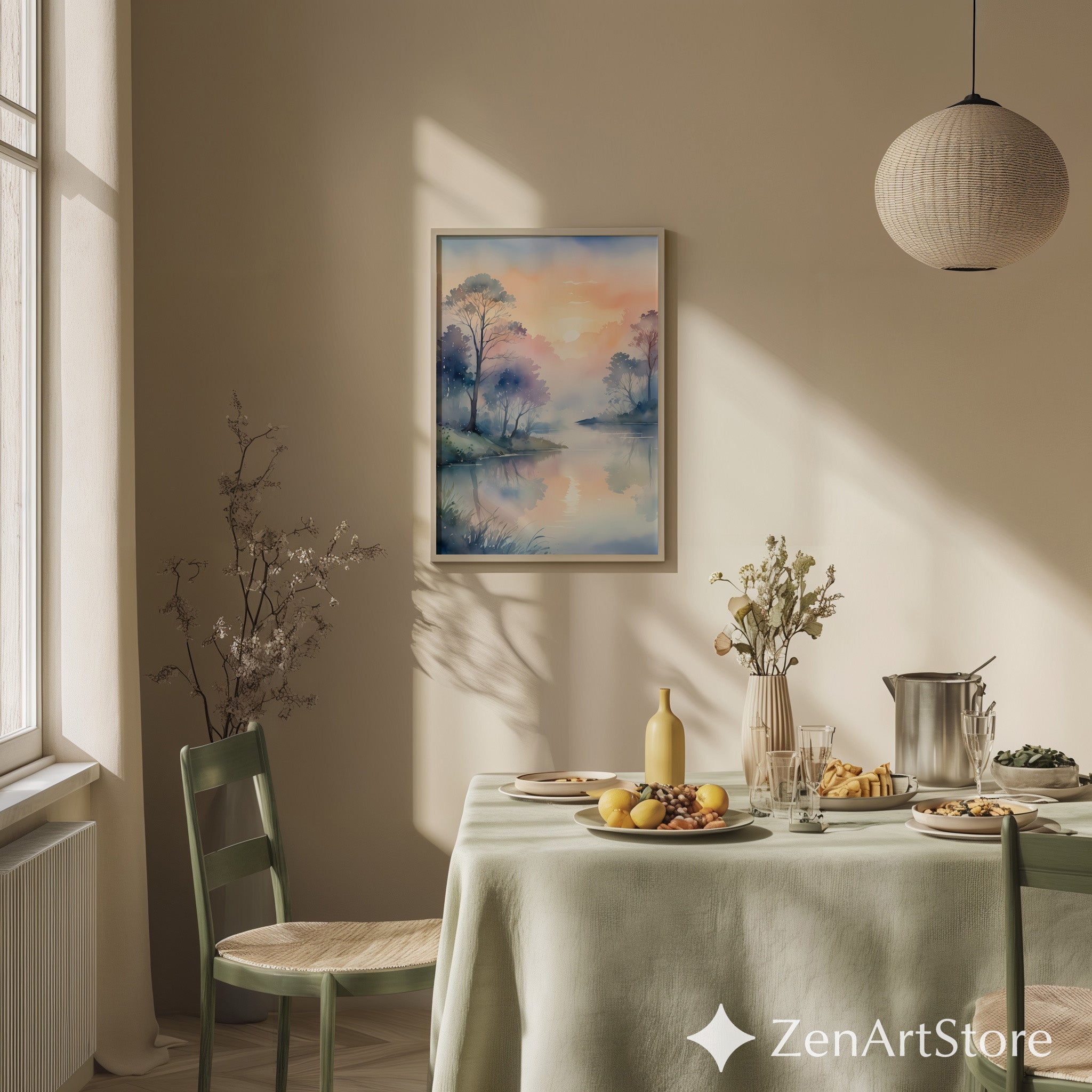 Misty Sunrise Lake Watercolor Print – Calm Pastel Landscape Wall Art for Bedroom, Living Room, Japandi & Scandinavian Home Decor