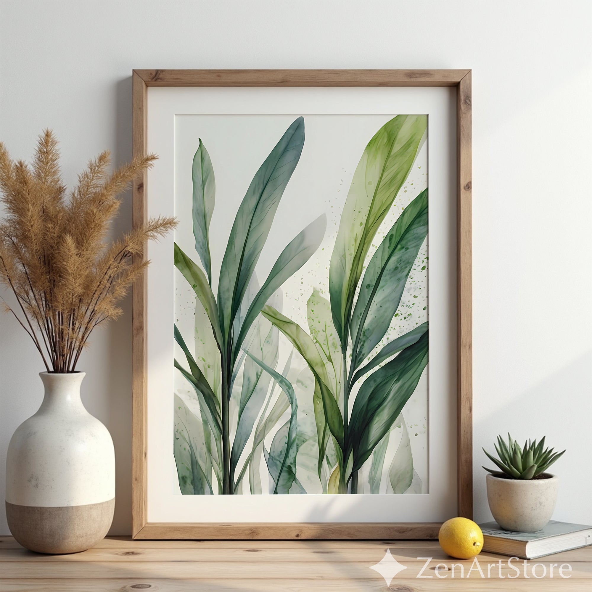 Minimal Green Leaves Wall Art - Botanical Watercolor Print for Japandi & Scandinavian Home Decor