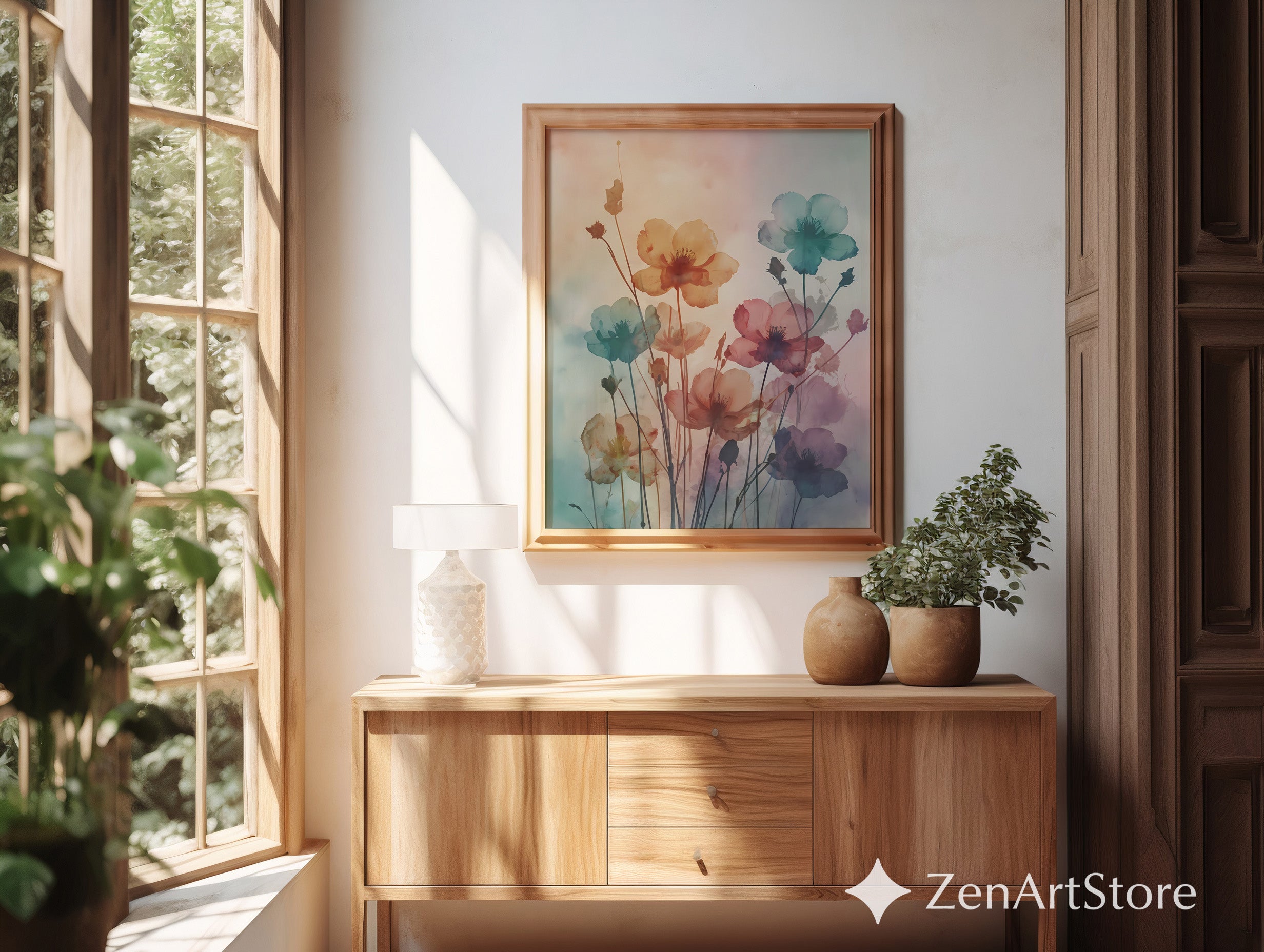 Watercolor Floral Wall Art Print - Pastel Botanical Poster, Calm Boho Minimalist Decor for Living Room, Bedroom, Japandi Scandinavian