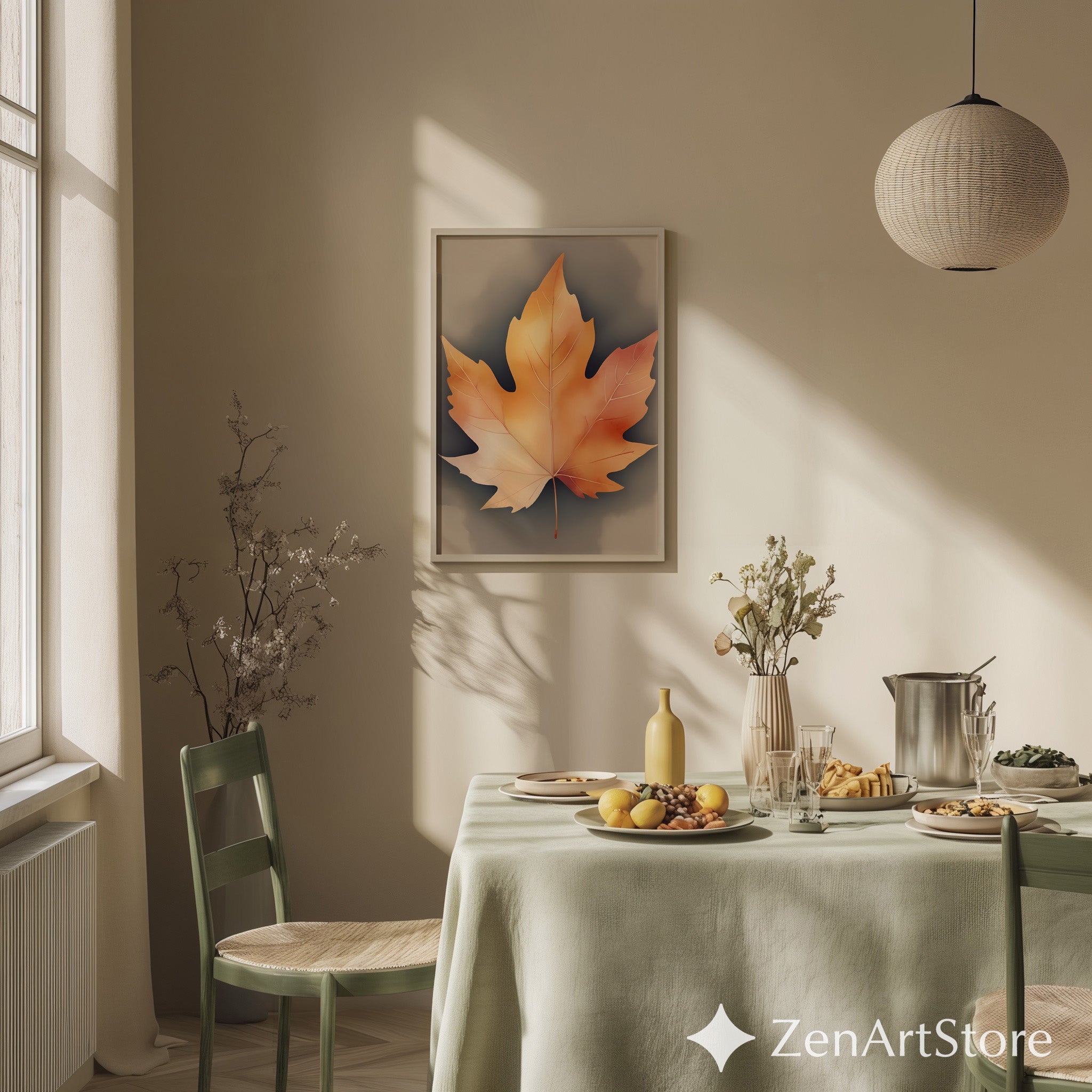 Neutral Autumn Leaf Wall Art - Minimal Maple Leaf Print, Japandi Wabi-Sabi Fall Home Decor, Beige Botanical Wall Art