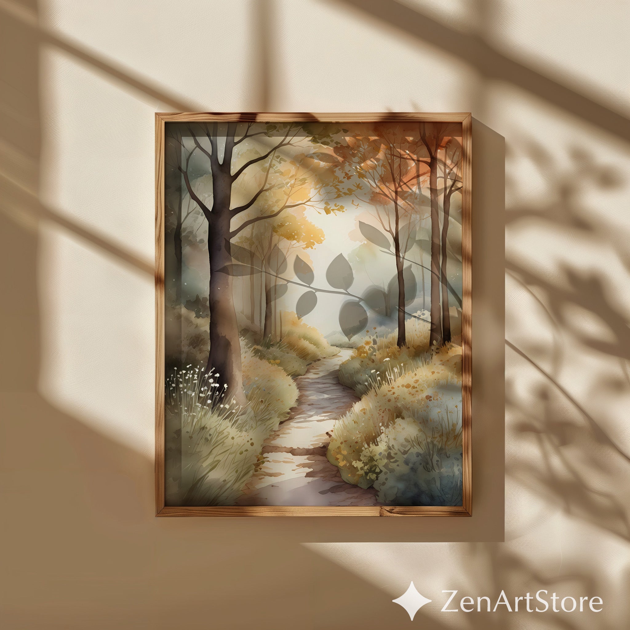 Autumn Watercolor Forest Path Print - Neutral Landscape Wall Art, Printable Digital Download, Canvas-Ready Japandi Decor