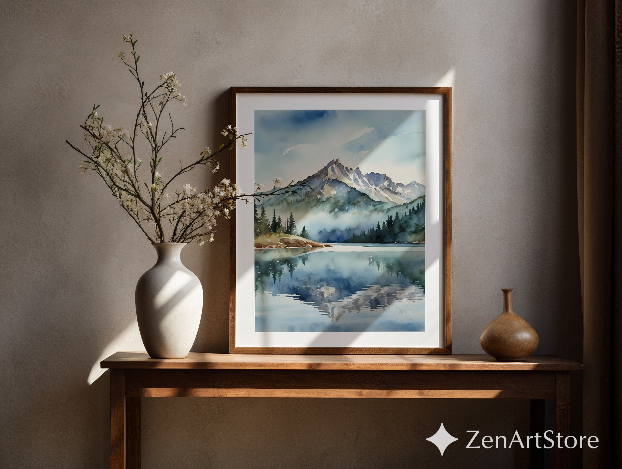 Mountain Watercolor Print Lake Reflection Wall Art - Calm Japandi Scandinavian Landscape for Living Room & Bedroom