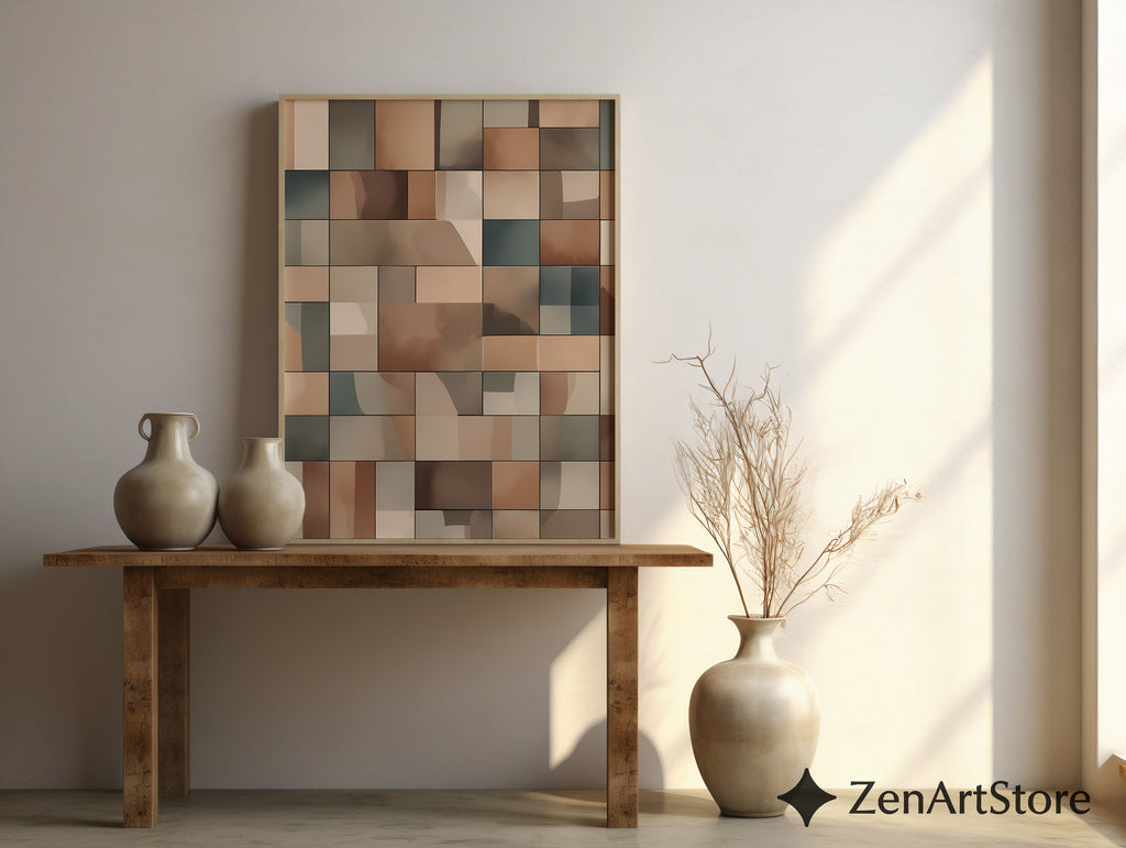 Neutral Geometric Wall Art Beige Brown Abstract Tiles Modern Minimalist Home Decor