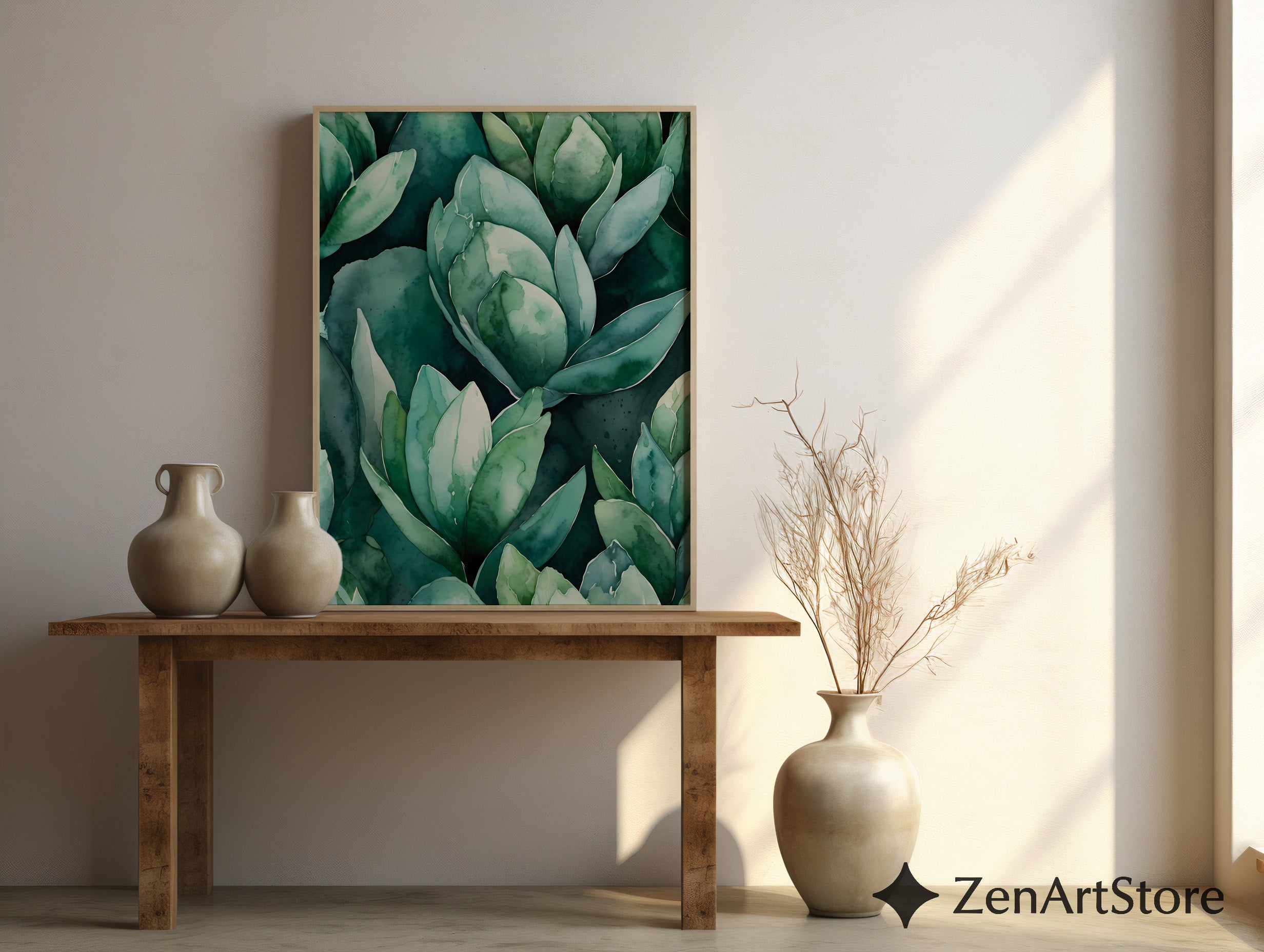 Teal Succulent Watercolor Print - Botanical Green Wall Art, Modern Japandi Printable for Living Room & Bedroom