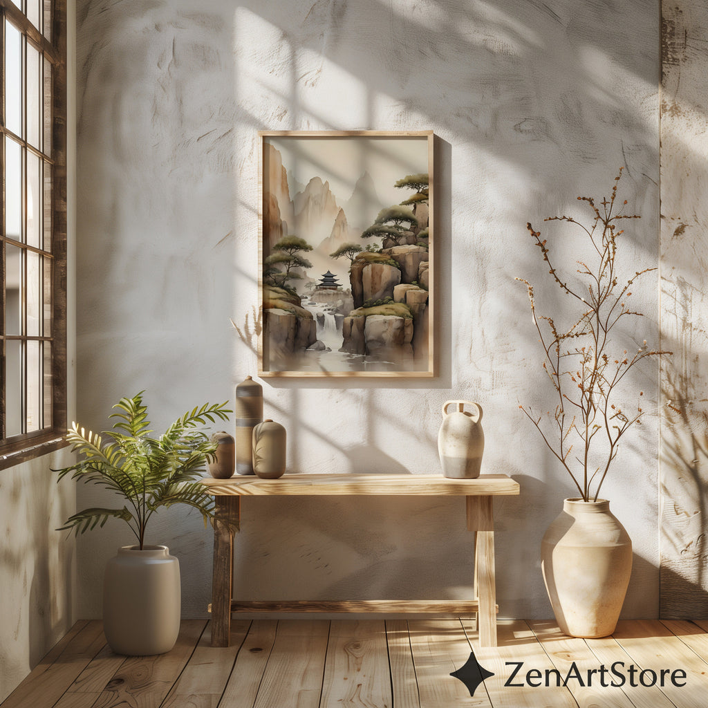Misty Mountain Pagoda Art Print - Zen Japandi Landscape Wall Art, Neutral Beige Brown Waterfall Poster for Living Room