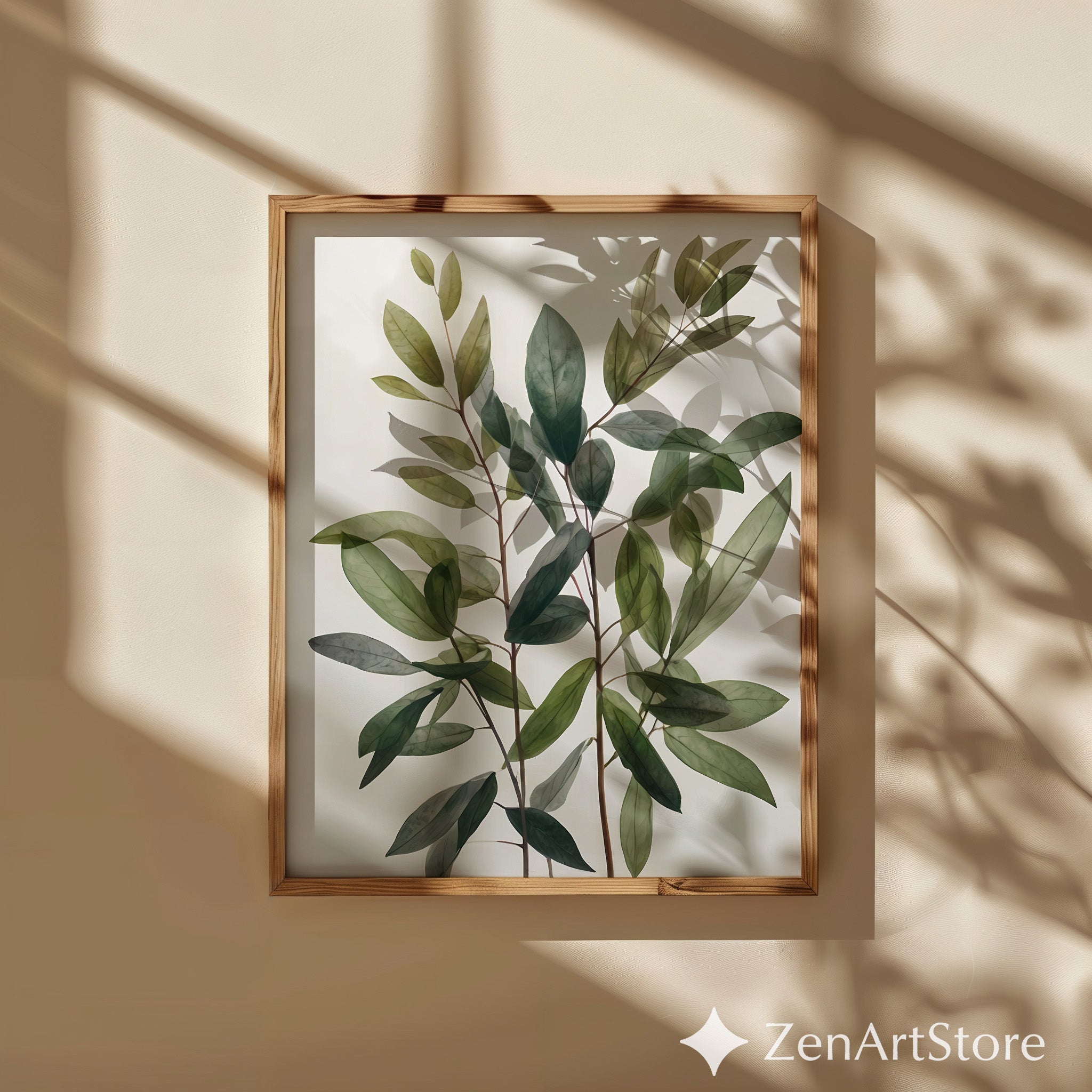 Minimal Green Leaves Botanical Wall Art - Modern Neutral Plant Print for Scandinavian Japandi Home Decor