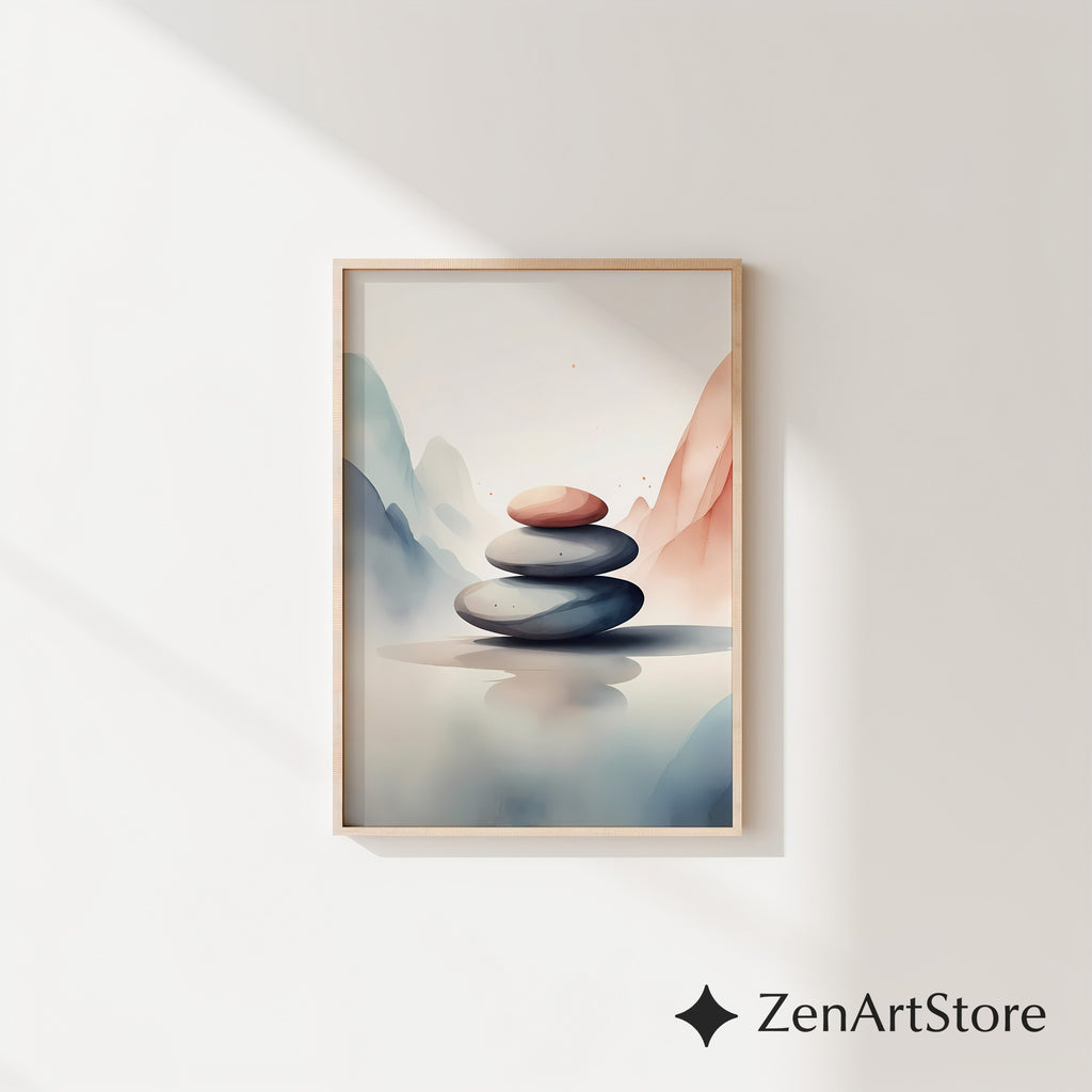 Zen Stone Stack Wall Art - Minimal Neutral Abstract Landscape Print, Japandi Wabi Sabi Home Decor