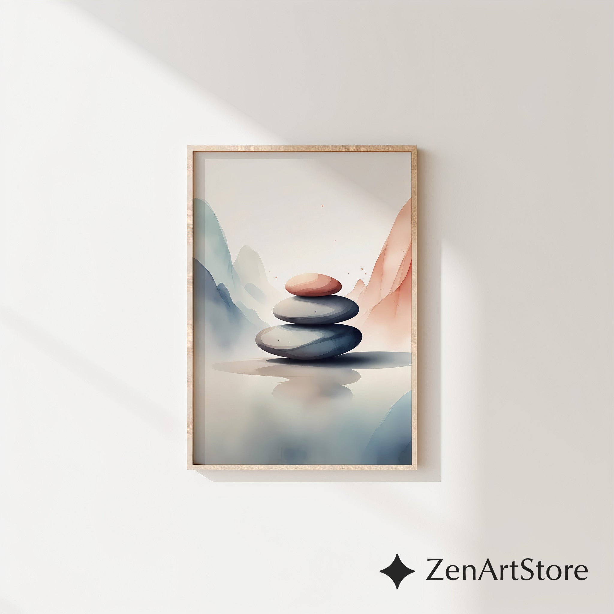 Zen Stone Stack Wall Art - Minimal Neutral Abstract Landscape Print, Japandi Wabi Sabi Home Decor