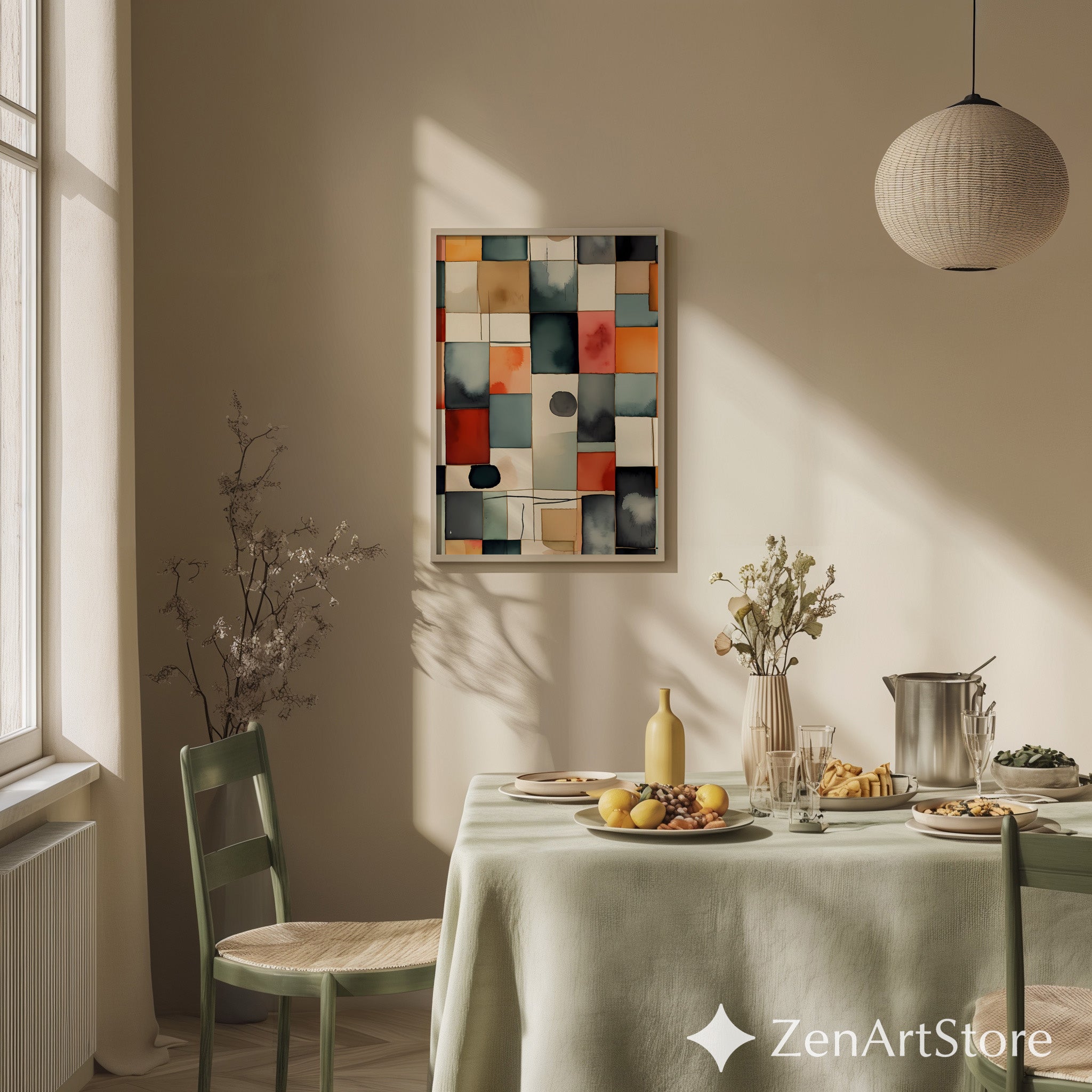 Abstract Watercolor Grid Wall Art - Modern Geometric Print in Teal Terracotta Beige - Japandi Scandinavian Minimal Home Decor