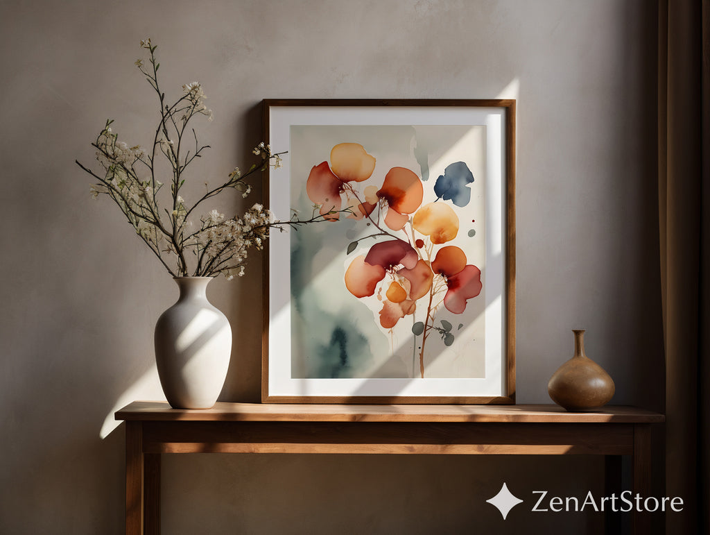 Abstract Floral Wall Art Print - Warm Rust & Ochre Minimal Botanical Japandi Wabi Sabi Neutral Home Decor