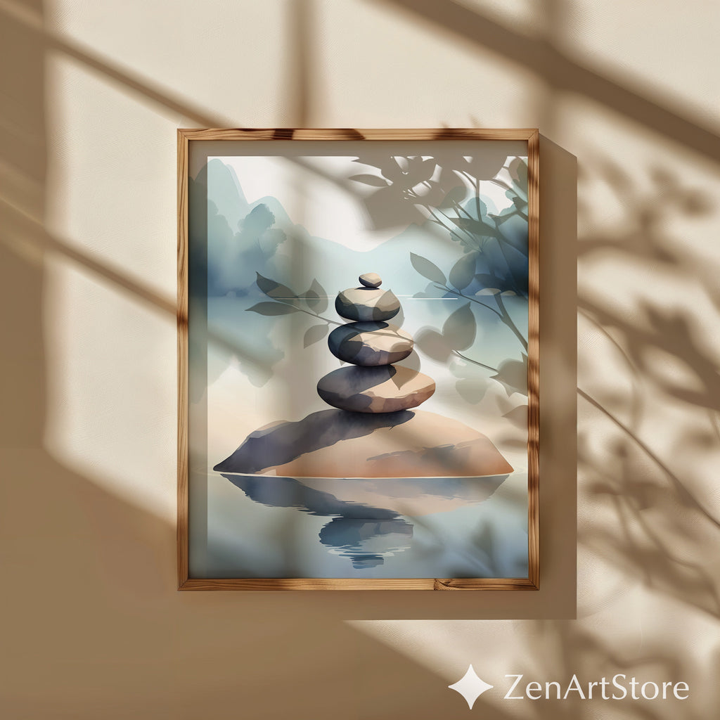 Zen Stacked Stones Lake Art Print - Minimal Japandi Wall Decor, Calm Neutral Landscape for Home & Spa