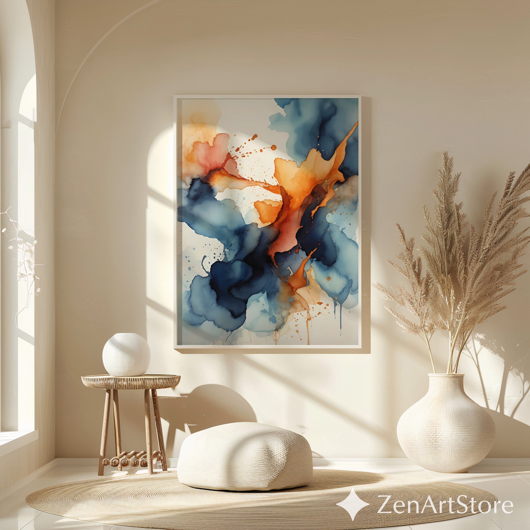 Abstract Navy & Orange Wall Art - Modern Alcohol Ink Print, Large Blue Orange Canvas, Minimal Japandi Home Decor