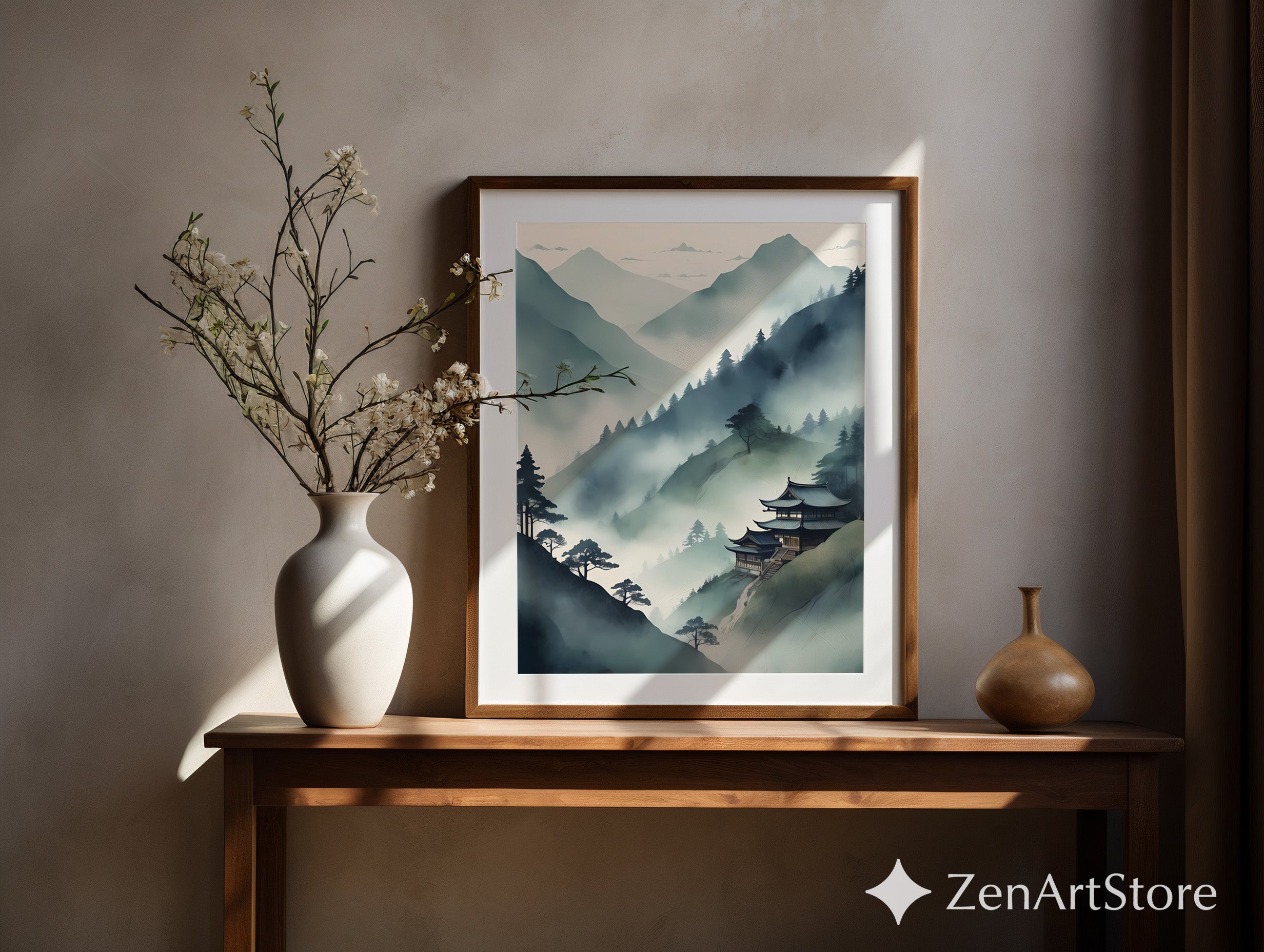 Misty Mountain Temple Wall Art - Zen Japandi Japanese Landscape Print - Minimal Wabi Sabi Home Decor