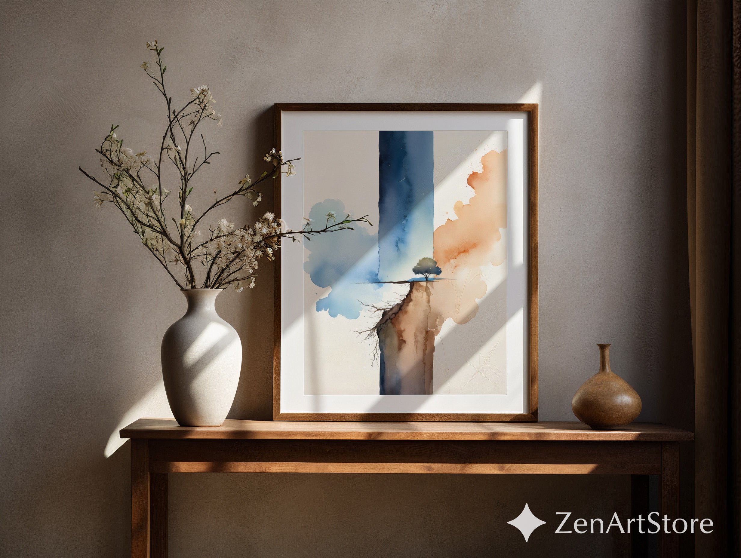 Ethereal Watercolor Tree Print - Minimal Abstract Landscape Art for Zen Neutral Home Decor, Japandi Living Room Wall Art