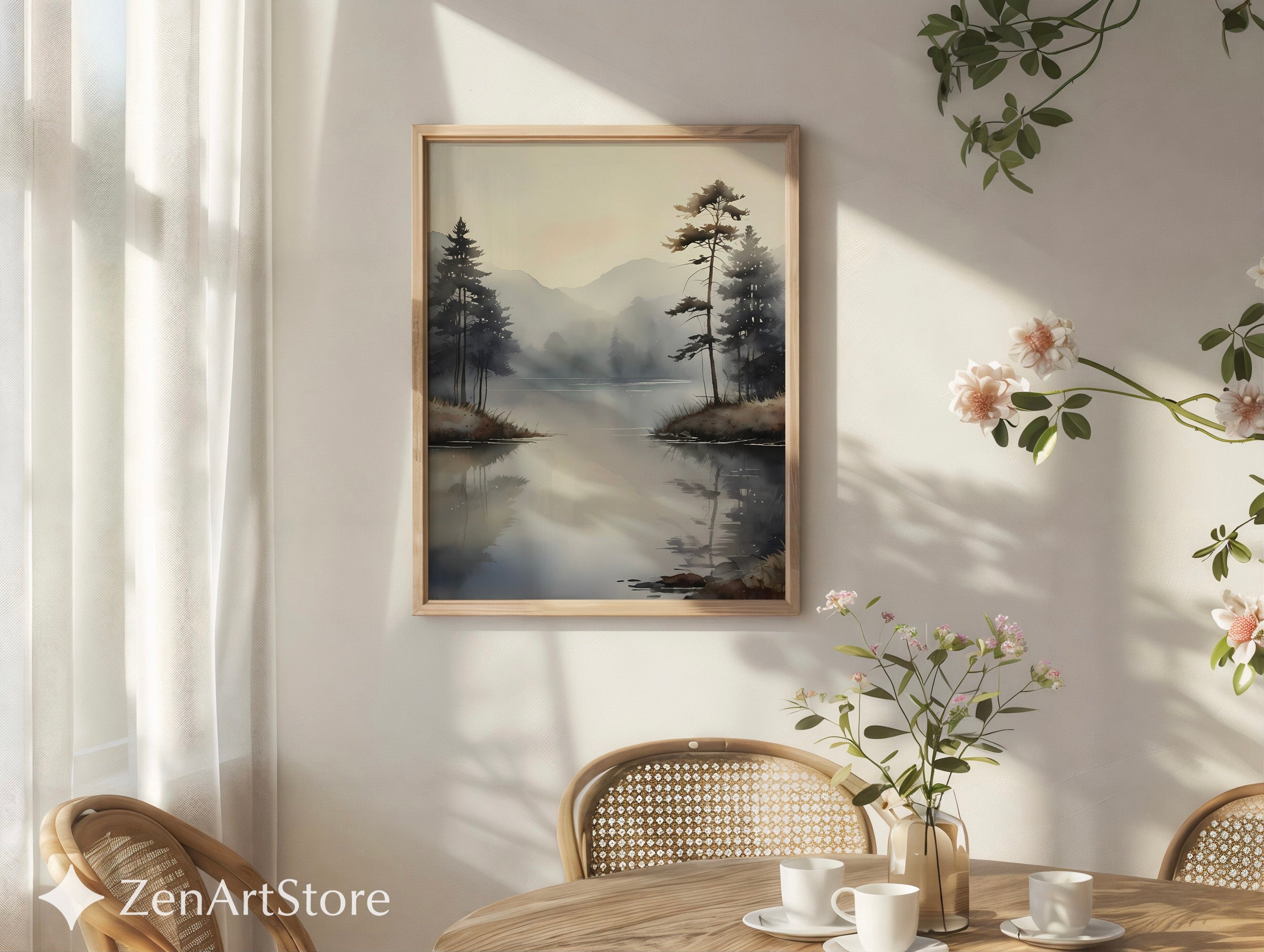 Misty Lake Minimalist Wall Art - Neutral Japandi Landscape Print, Calm Scandinavian Zen Decor for Living Room, Bedroom & Office