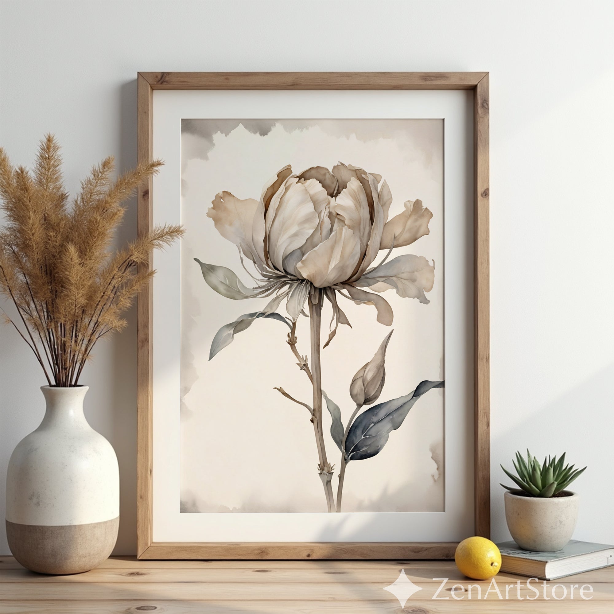 Neutral Peony Wall Art - Beige Botanical Watercolor Print, Japandi Minimal Flower Poster for Living Room & Bedroom