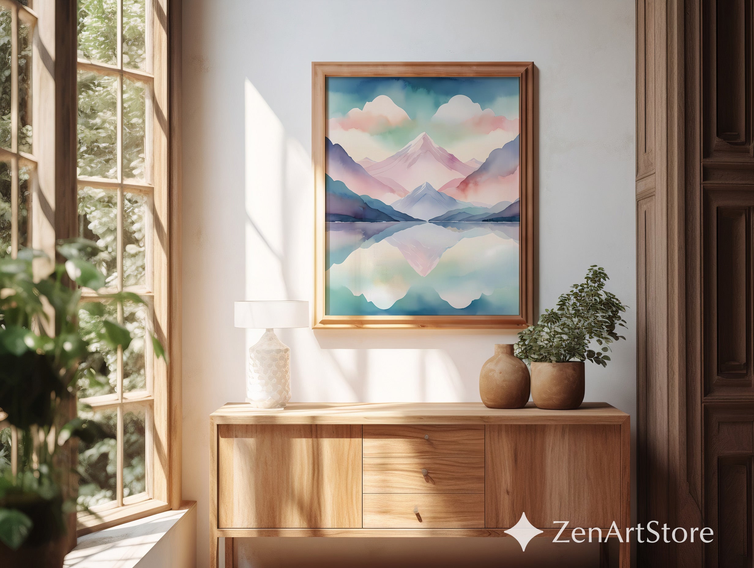 Pastel Mountain Reflection Watercolor Print - Serene Landscape Wall Art for Living Room, Bedroom & Nursery - Japandi Minimal Home Decor