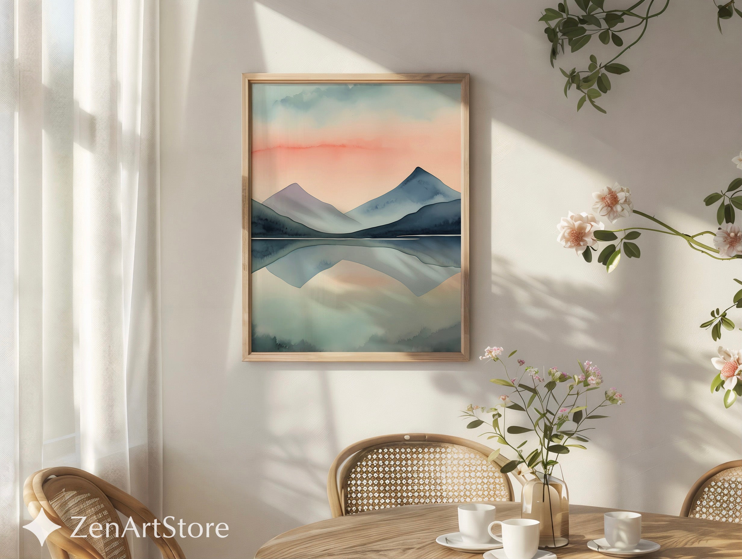 Minimal Mountain Watercolor Print - Pastel Sunset Reflection Zen Japandi Scandinavian Wall Art