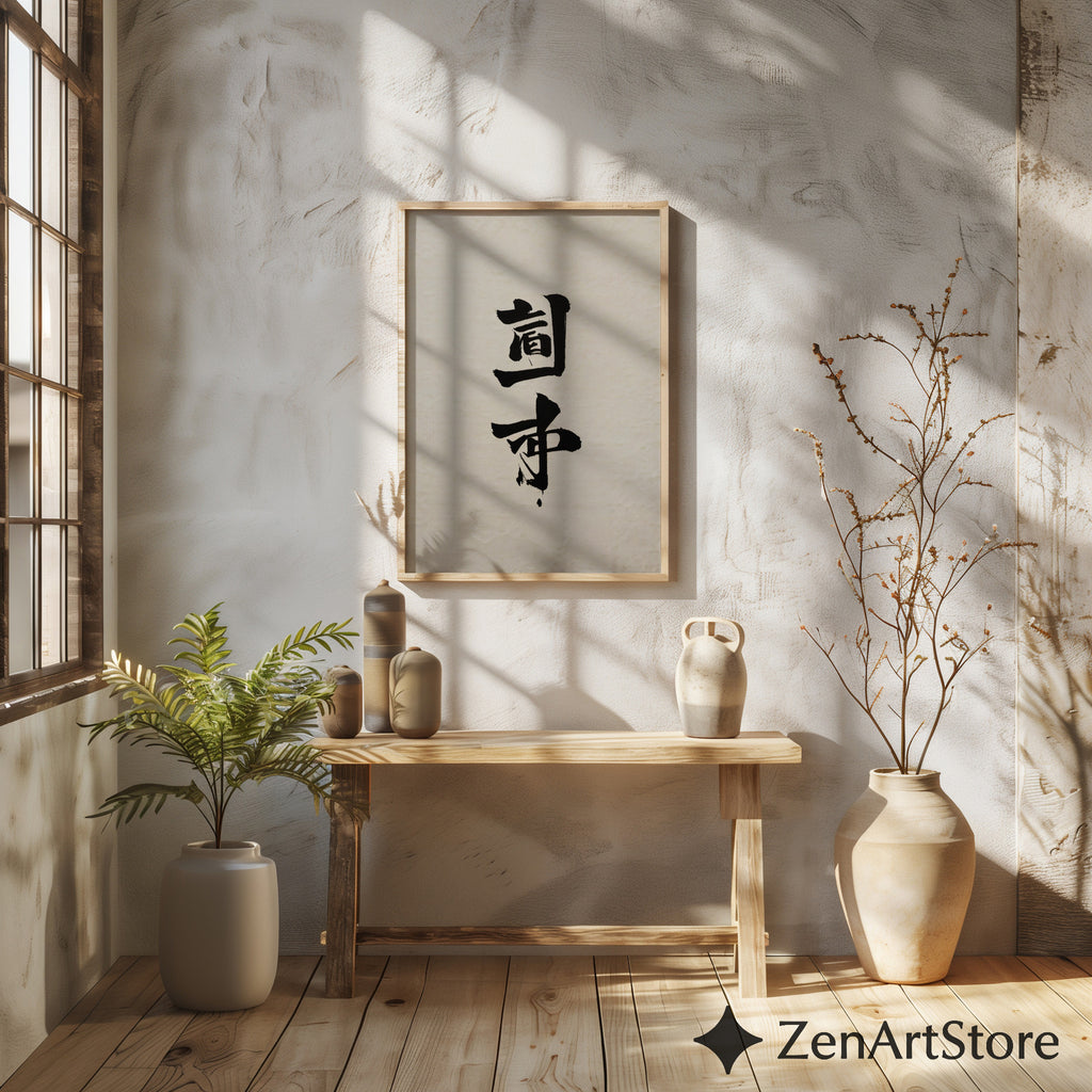 Minimal Japanese Calligraphy Wall Art Print | Zen Black Ink Kanji on Textured Beige Paper | Wabi-Sabi Japandi Neutral Home Decor