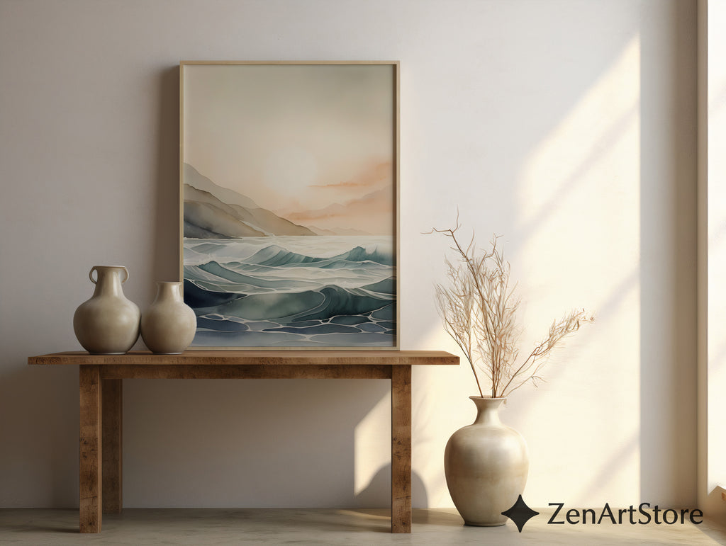 Calm Coastal Sunrise Seascape - Minimal Japandi Ocean Wall Art, Neutral Beige & Blue Landscape Print for Living Room