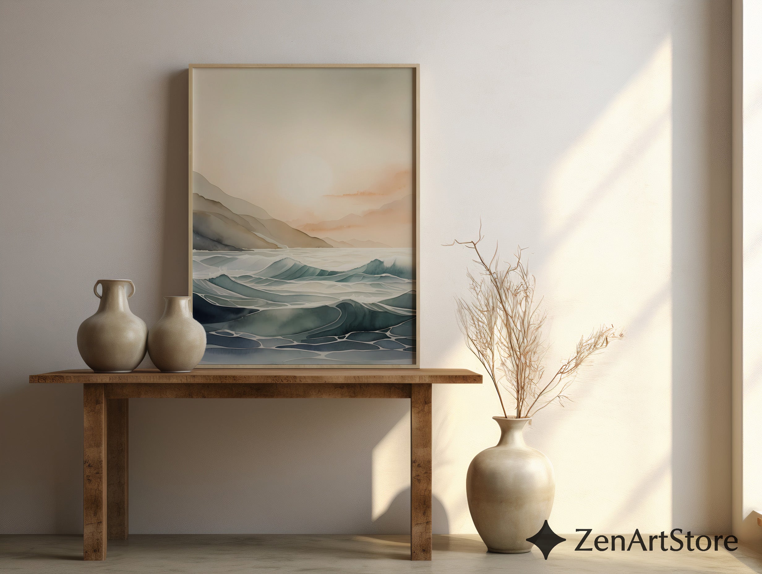 Calm Coastal Sunrise Seascape - Minimal Japandi Ocean Wall Art, Neutral Beige & Blue Landscape Print for Living Room