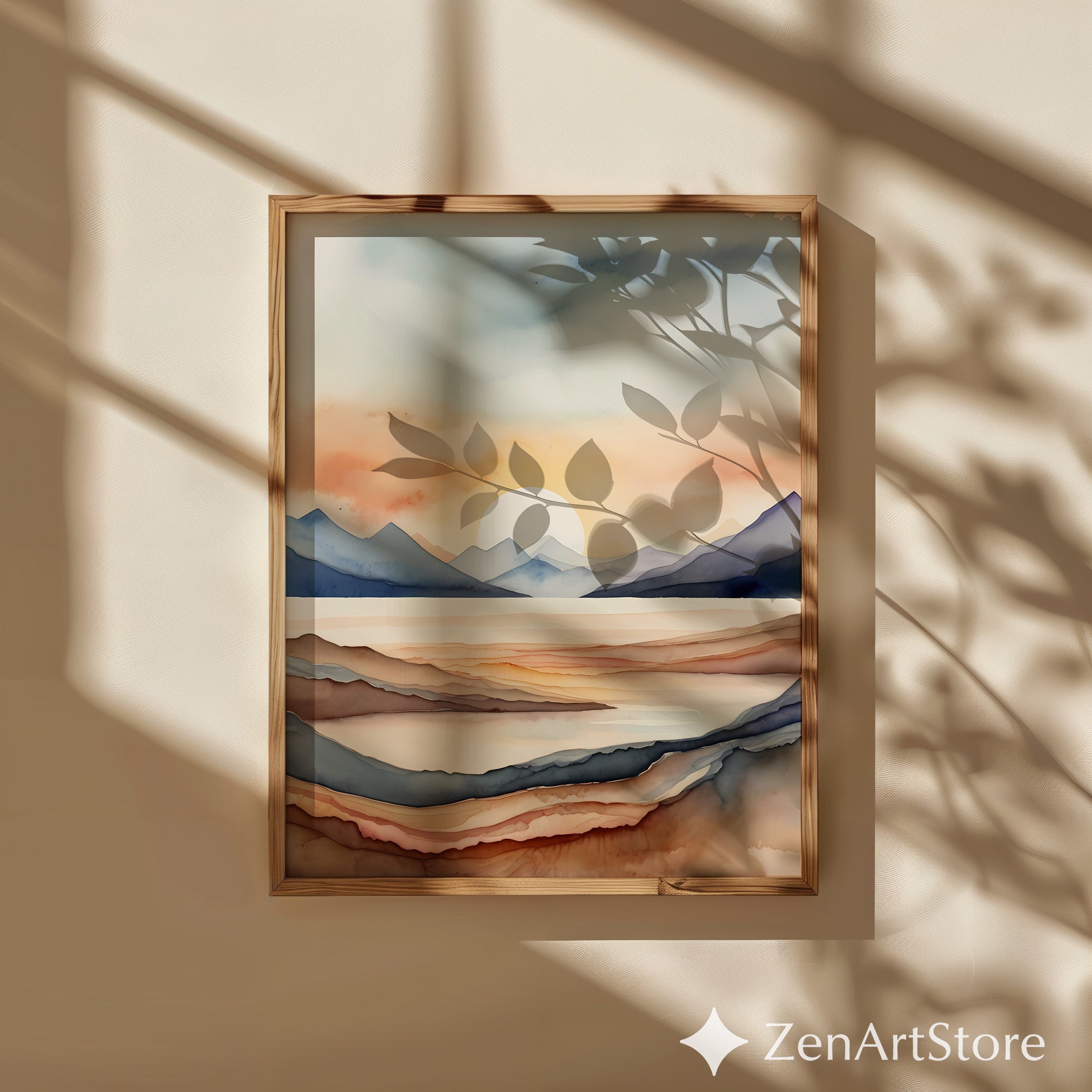 Watercolor Mountain Sunset Print - Neutral Abstract Landscape Wall Art, Minimalist Japandi Boho Home Decor