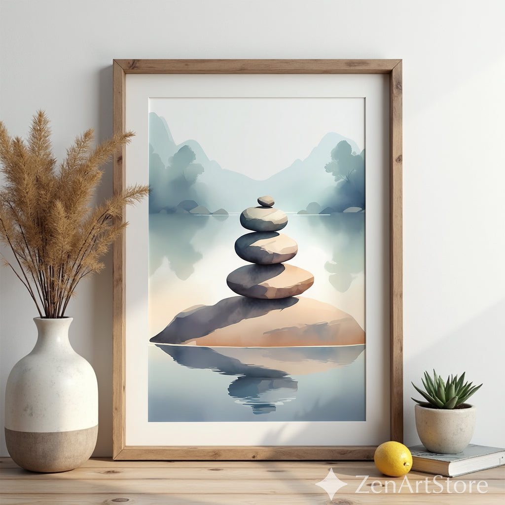 Zen Stacked Stones Lake Art Print - Minimal Japandi Wall Decor, Calm Neutral Landscape for Home & Spa
