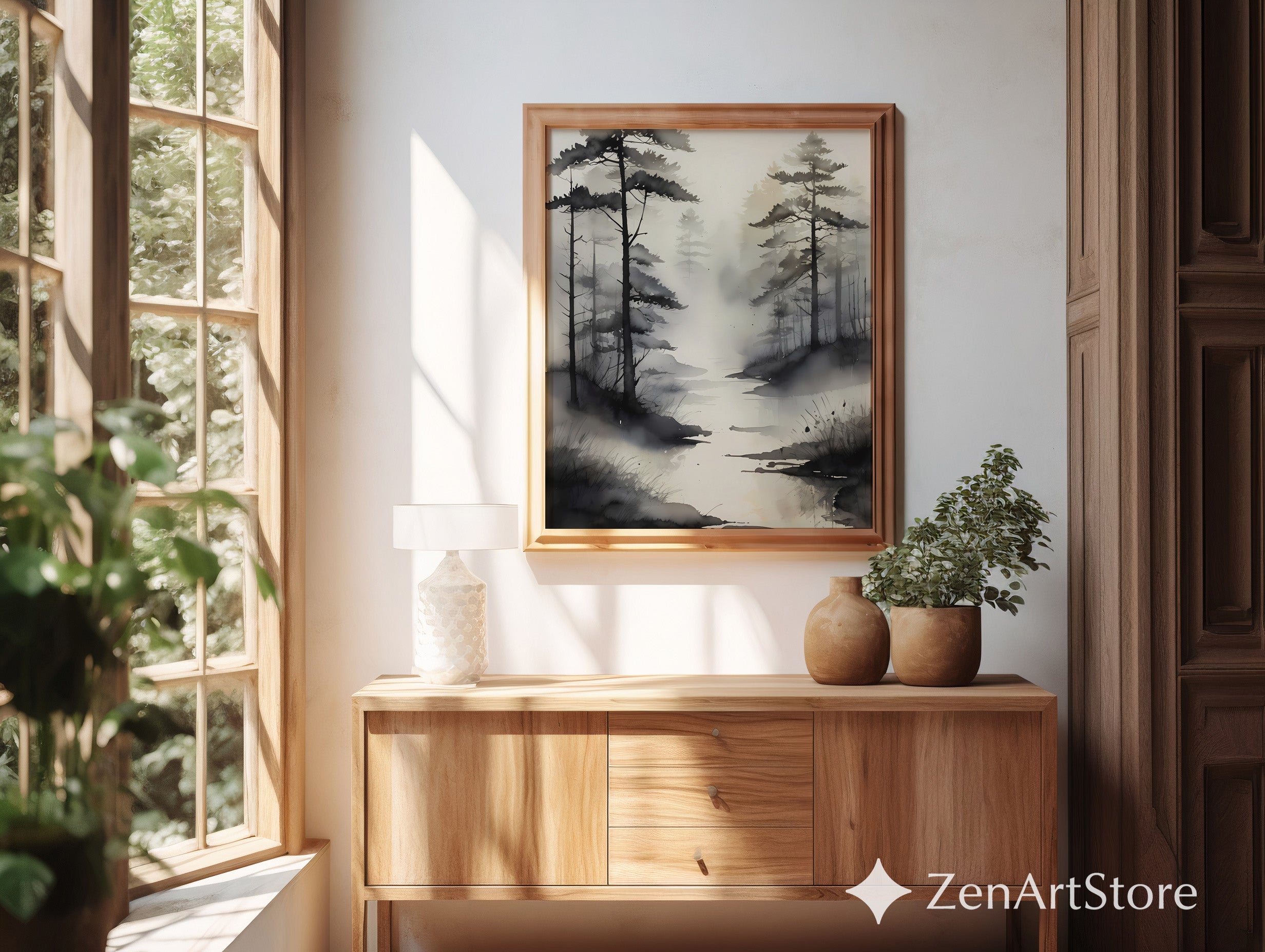 Misty Pine Forest Watercolor Print - Minimal Zen Landscape Wall Art - Neutral Black & Beige Japandi Home Decor